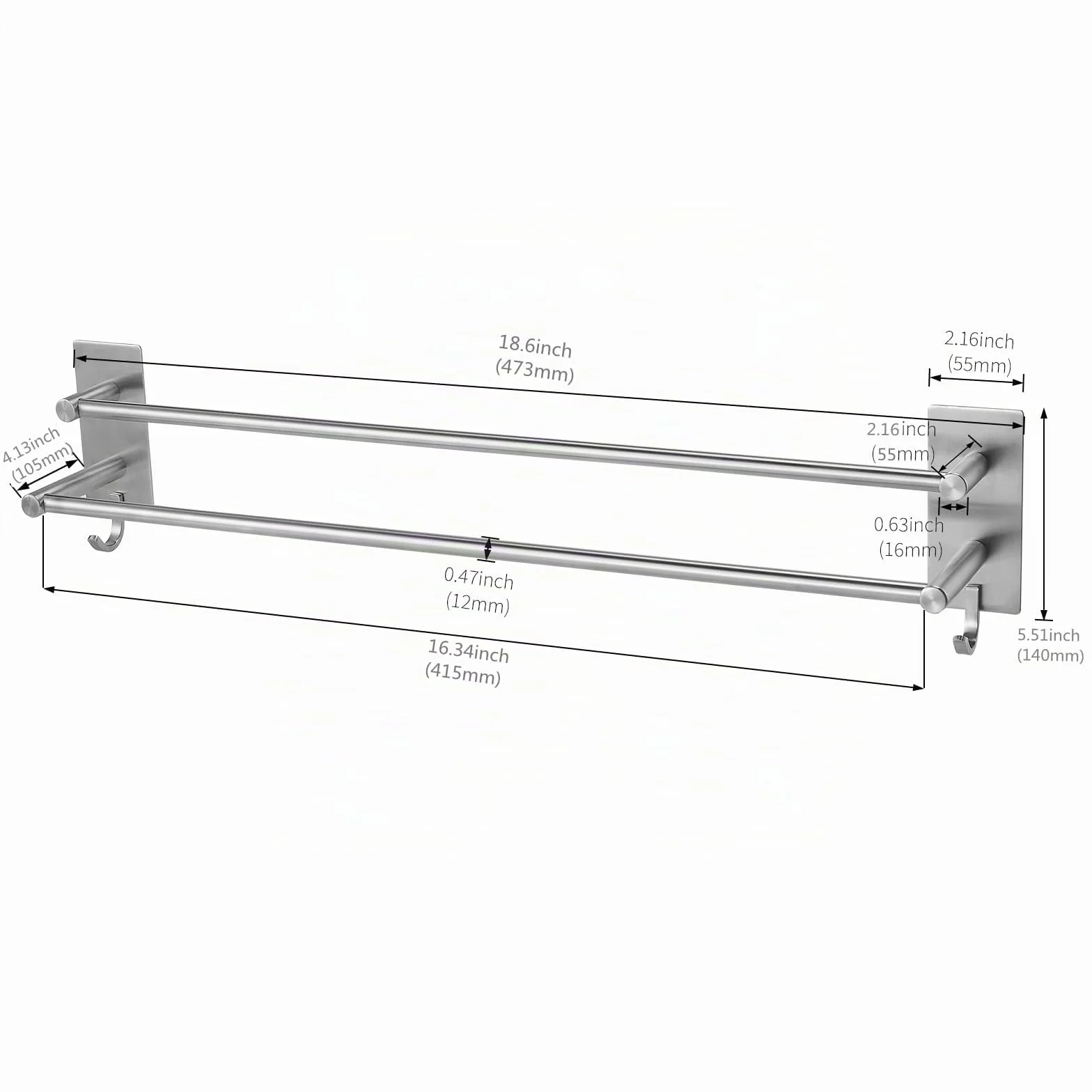 Toallero Sin Taladro Autoadhesivo Acero Inoxidable Cepillado 60 cm Doble Barra 2 Ganchos JS