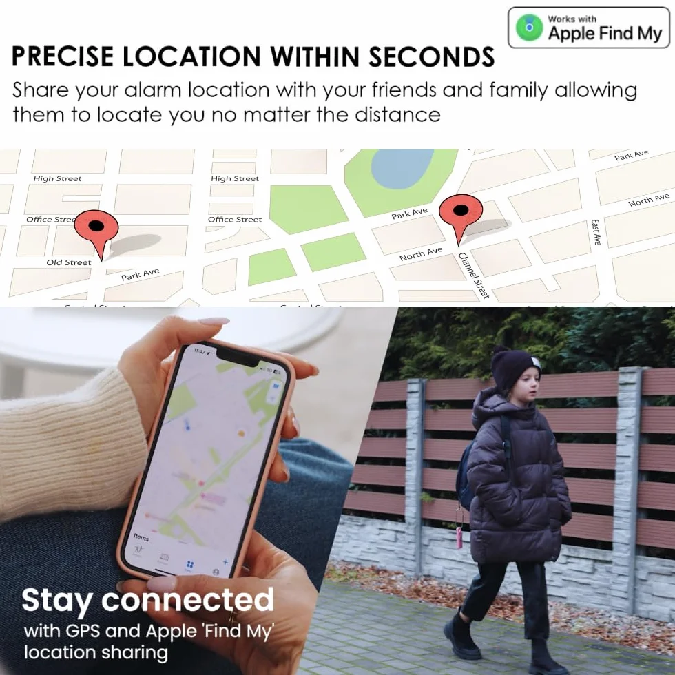 Alarma personal mujer GPS rastreador llavero autodefensa sirena 130 dB Bluetooth recargable Apple Find My