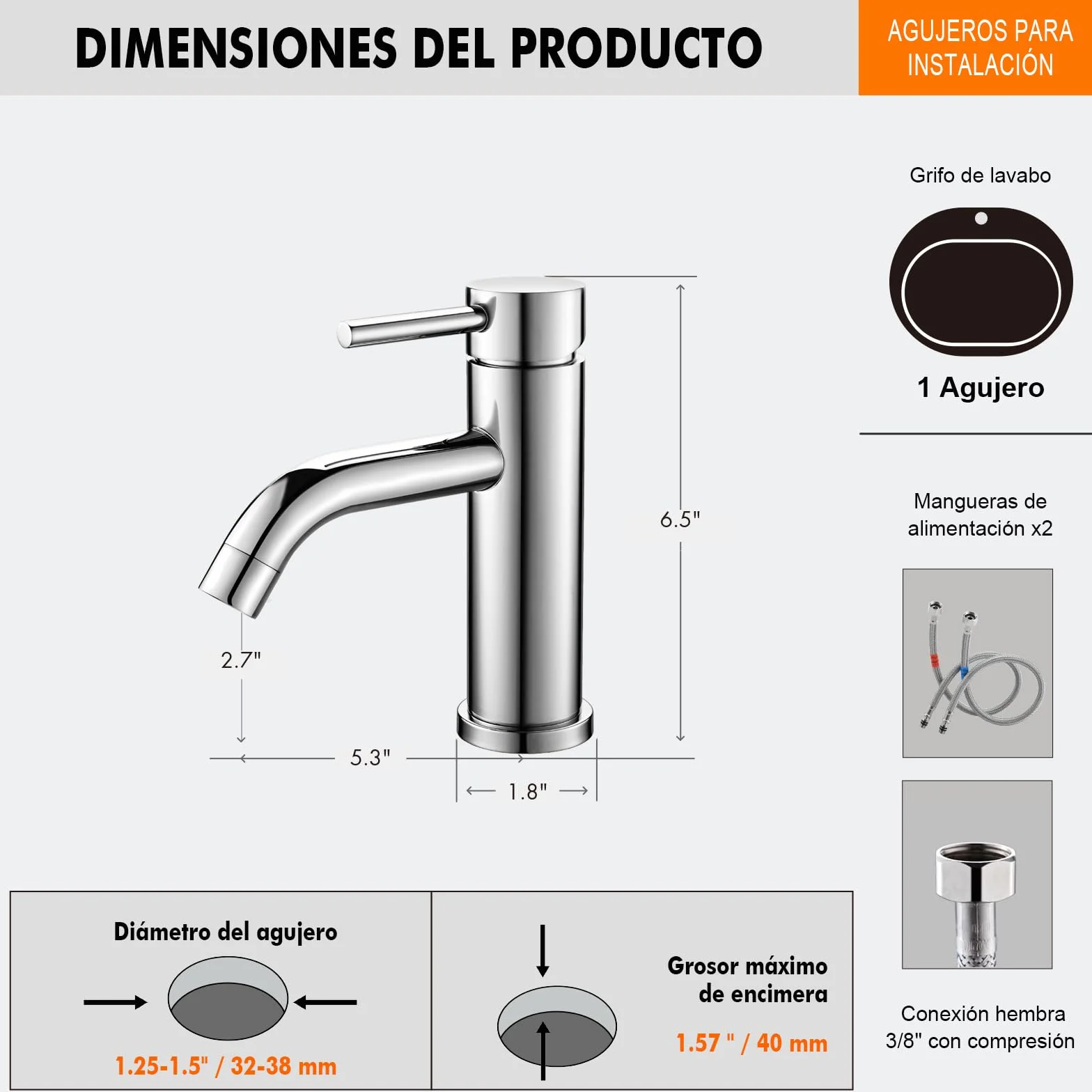 Ibergrif M11003 Grifo de Lavabo Monomando Acero Inoxidable Aireador Ahorro Agua Conexión G 3/8" Acabado Cromado