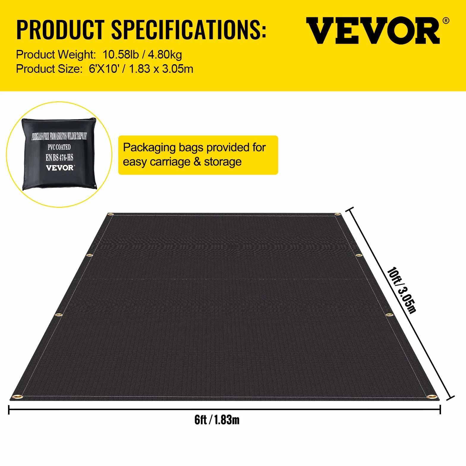 VEVOR Manta de Soldadura Ignífuga 2 Piezas 1,83 x 3,05 m Fibra de Vidrio Resistente al Calor 550 °C 8 Ojales Latón Negro