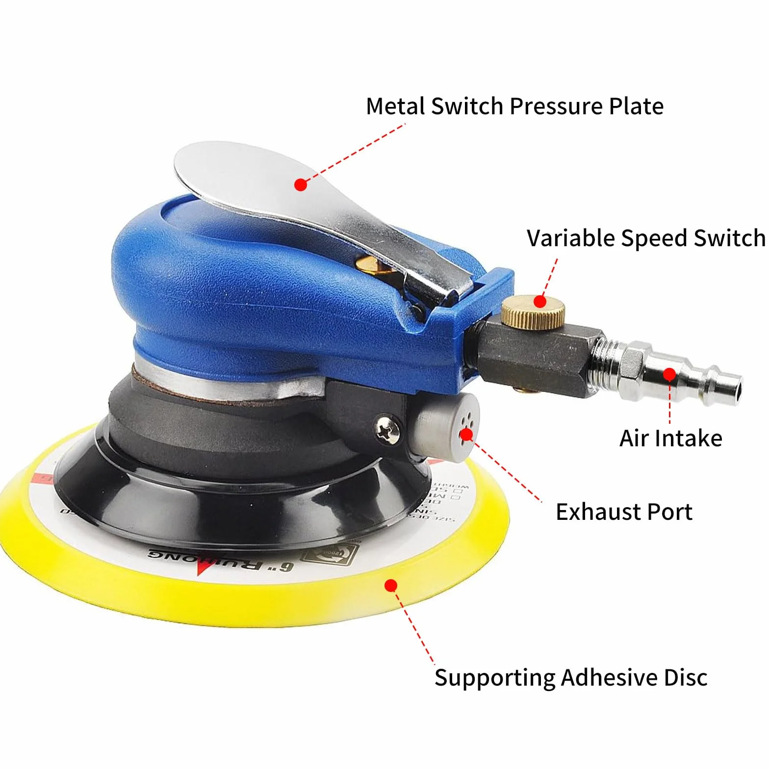 Lijadora Excéntrica Neumática Orbital de Aire Comprimido Mano, Disco Ø125mm (5“), Pulidora Aleatoria Multichorro de Doble Acción, Rotación 10000 rpm, Máquina Lijar Neumática con Regulación Velocidad