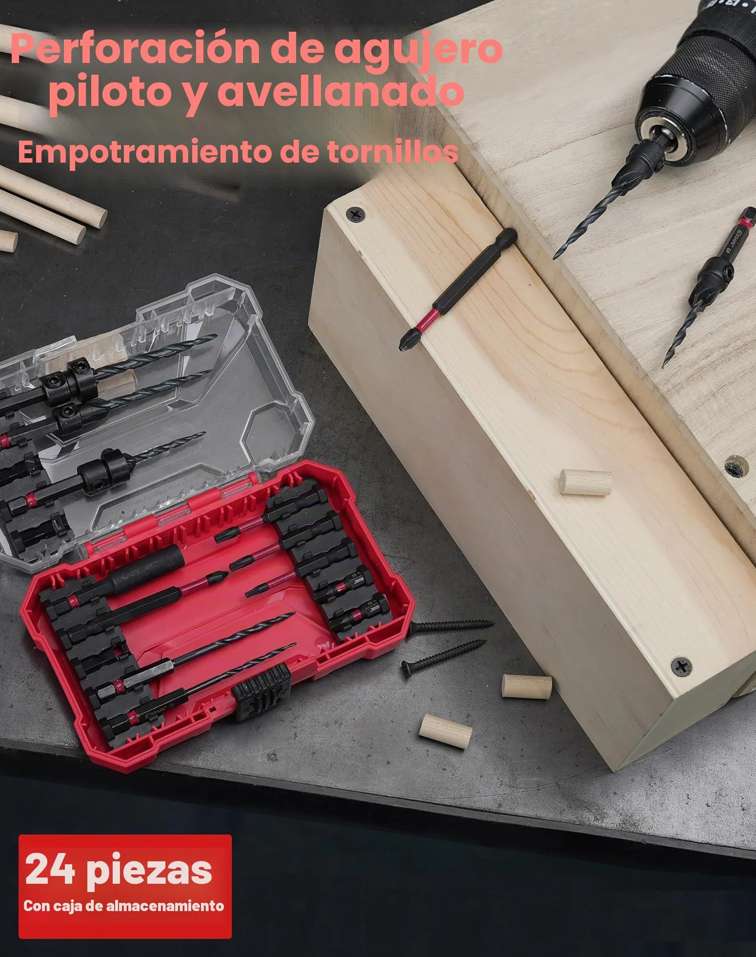 EZARC Set de brocas avellanadoras,24 piezas.Incluye brocas cónicas y 6 palitos de madera.Vástago hexagonal de 1/4",cambio rápido.Ideal para trabajos de carpintería.Caja de almacenamiento incluida.