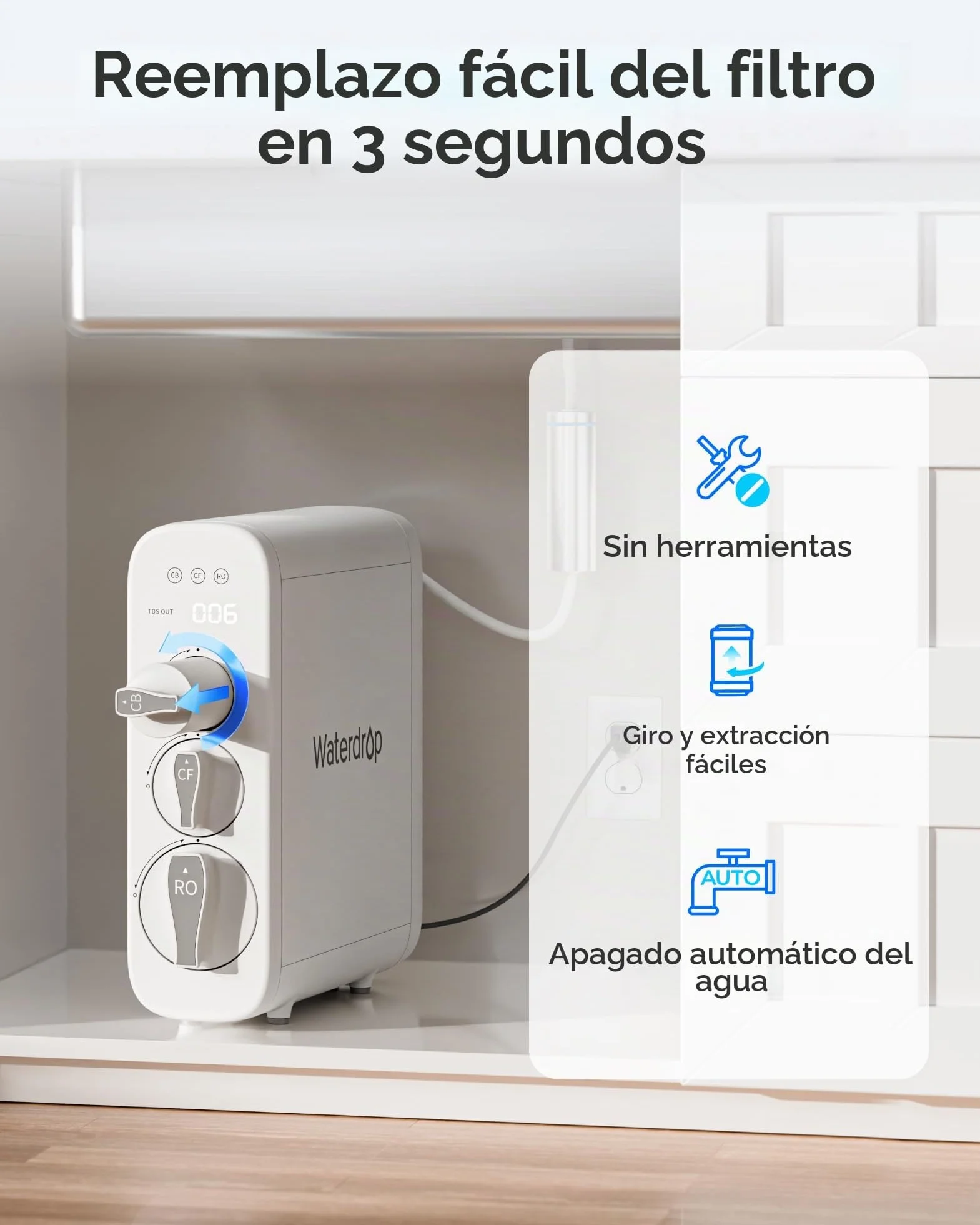 Waterdrop Filtro WD-G3-N3CB de repuesto para sistema de ósmosis inversa WD-G3-W, 1 año de vida útil