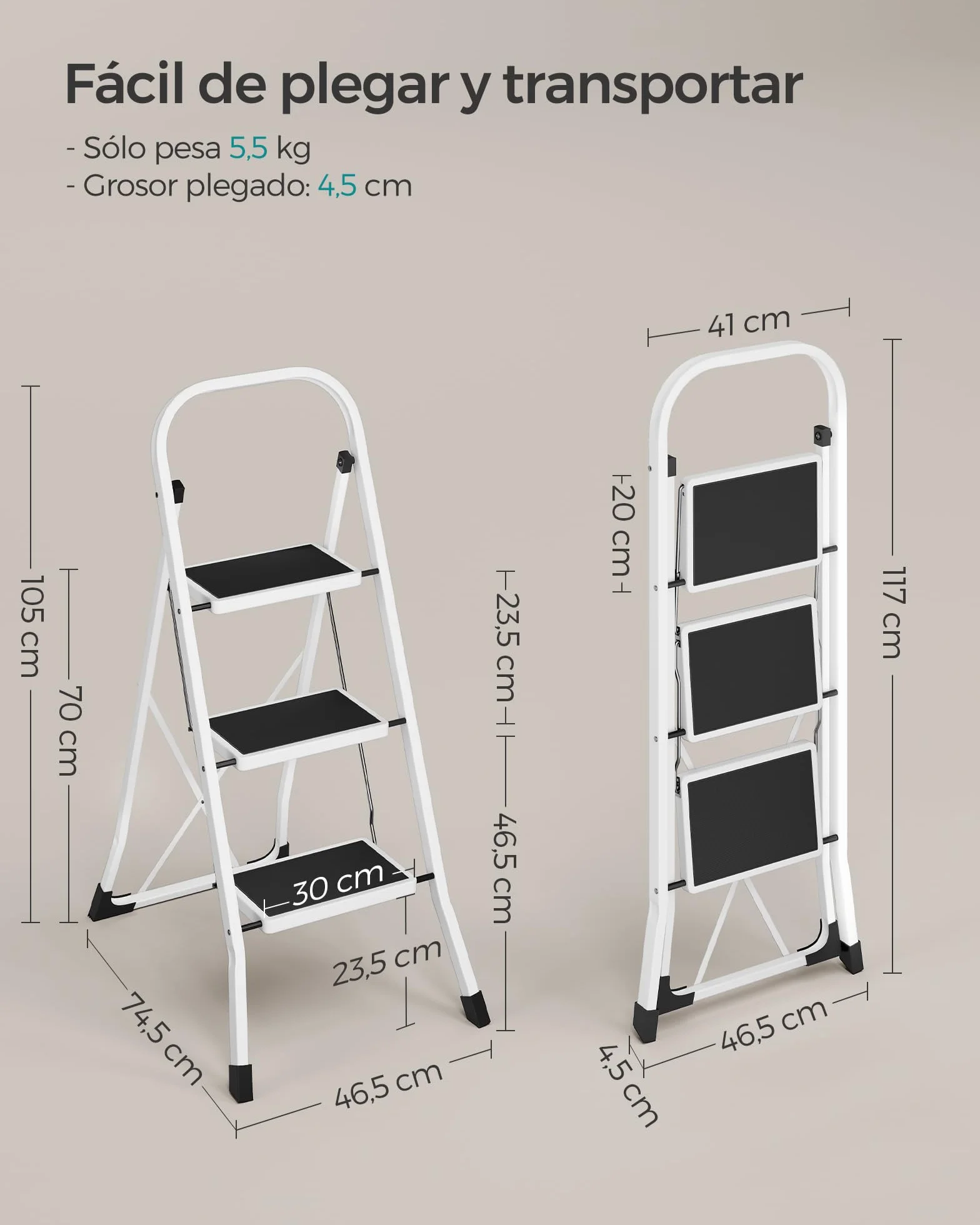 SONGMICS Escalera de Tijera 3 Peldaños Plegable 150 kg Blanco GSL03WT