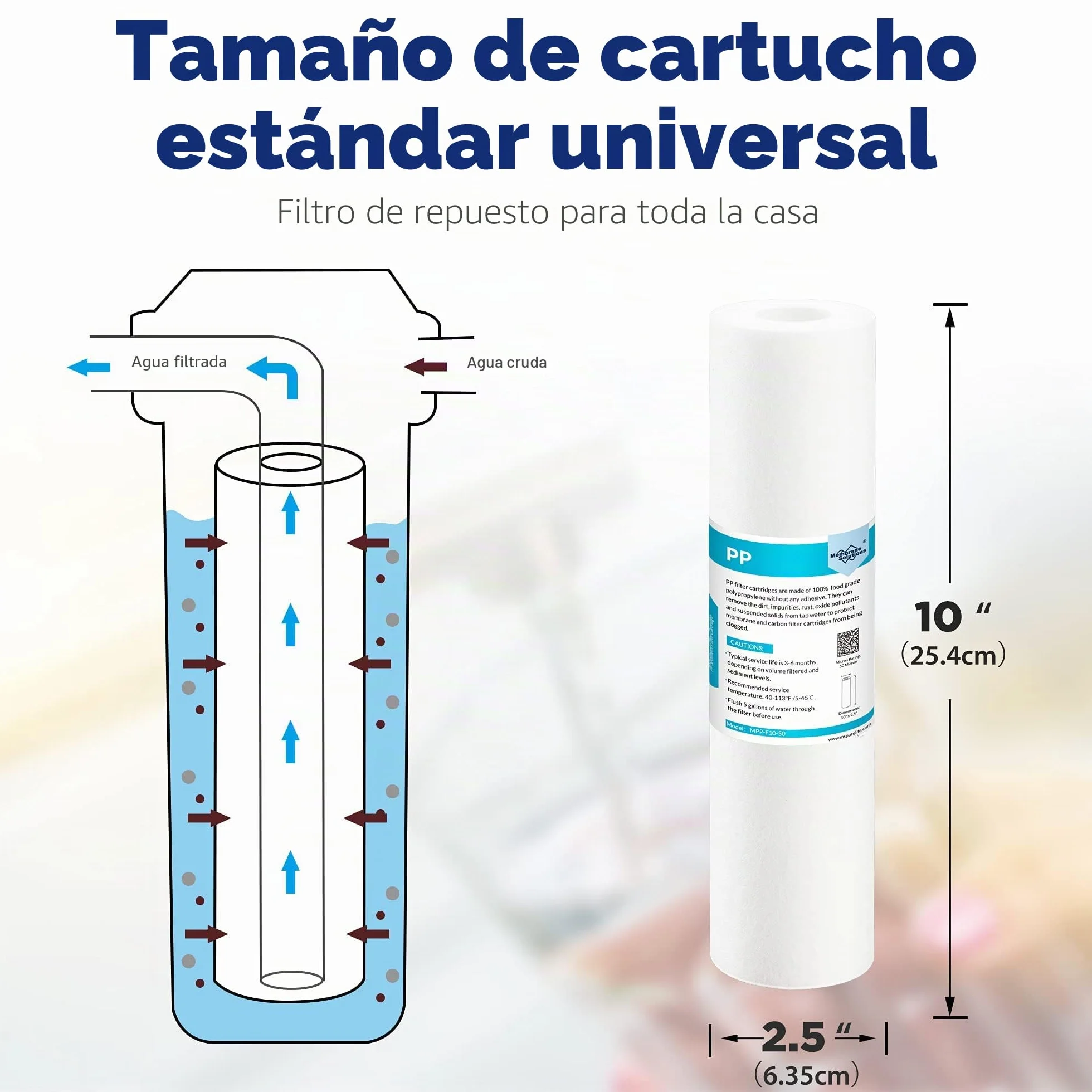 Membrane Solutions Cartucho de Sedimentos 5 Micras 10" x 2.5" Filtro de Agua Ósmosis Inversa 6 Pack