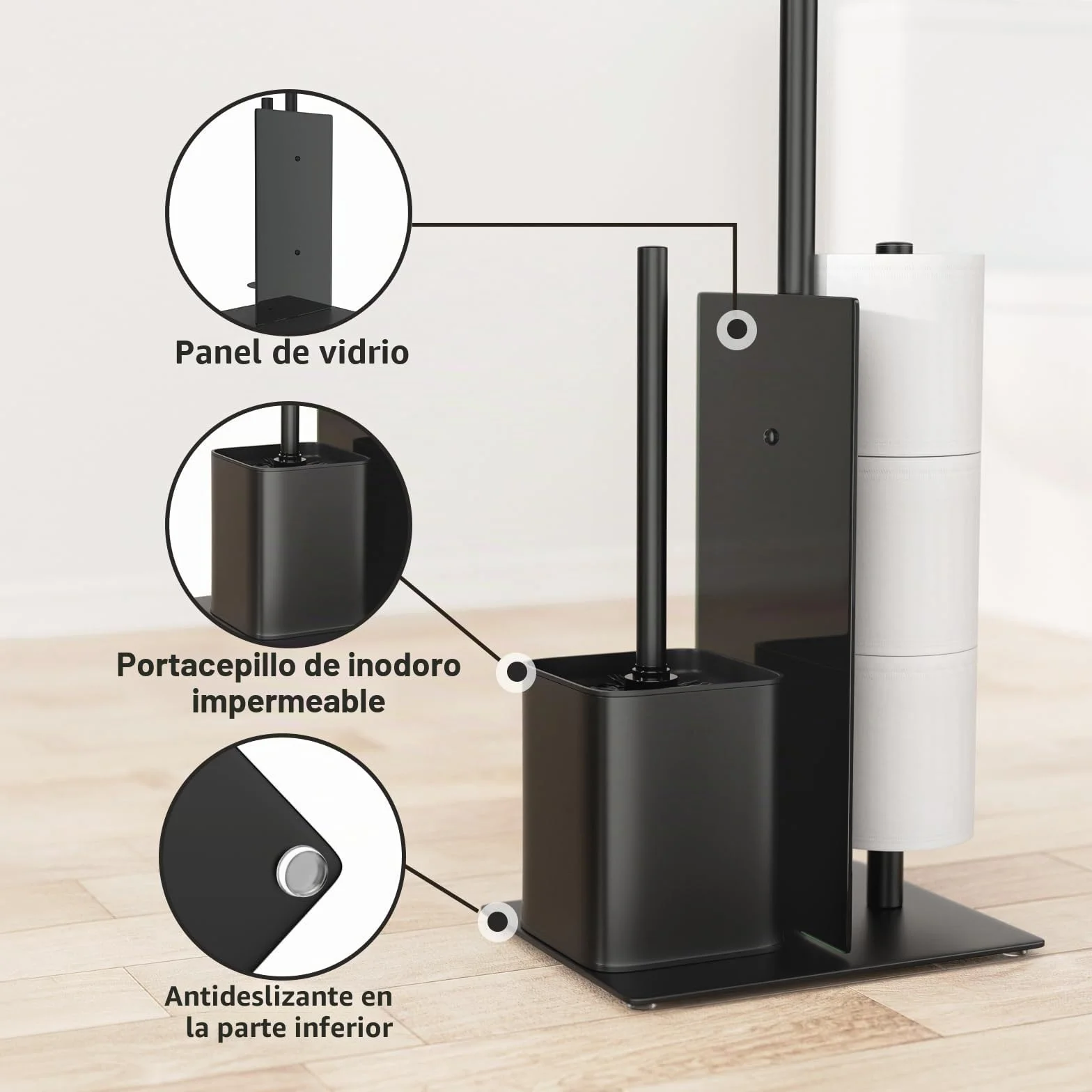 Portarrollos de Papel Higiénico de Pie con Escobillero, Soporte para Papel Higiénico con Escobilla de Acero inoxidable, sin Necesidad de Taladrar, Soporte para Papel Higiénico y Escobilla (Negro Mate)