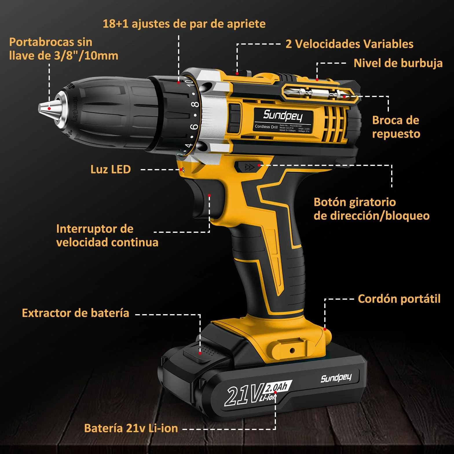Sundpey Taladro Atornillador Bateria 21V - 45N.m Max Taladro Atornillador Electrico Inalámbrico con 2 Baterías de 2.0Ah, 18+1 Ajuste de Par, 2 Velocidad, Portabrocas de 10mm, LED para Hogar, Bricolaje