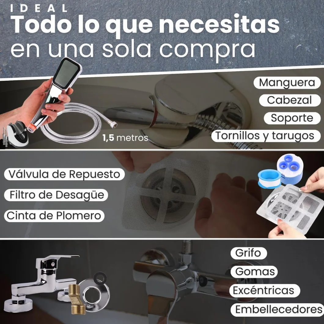 Kit Grifo Monomando Ducha Bañera Plata, Alcachofa, Manguera y Accesorios
