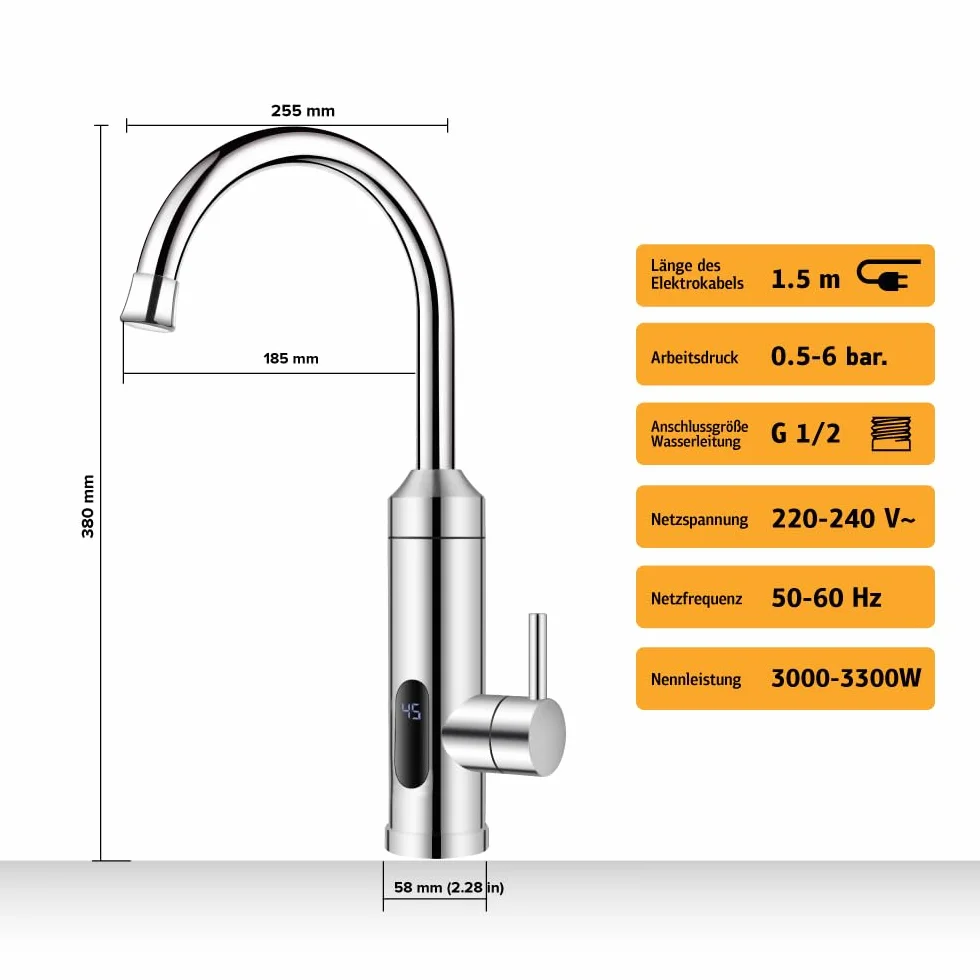 HOGART Grifo Eléctrico Calentador de Agua 230V Cocina Baño Instantáneo