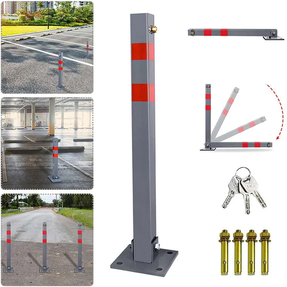 Bolardos de aparcamiento con 3 llaves plegables, poste de acero con bandas reflectantes