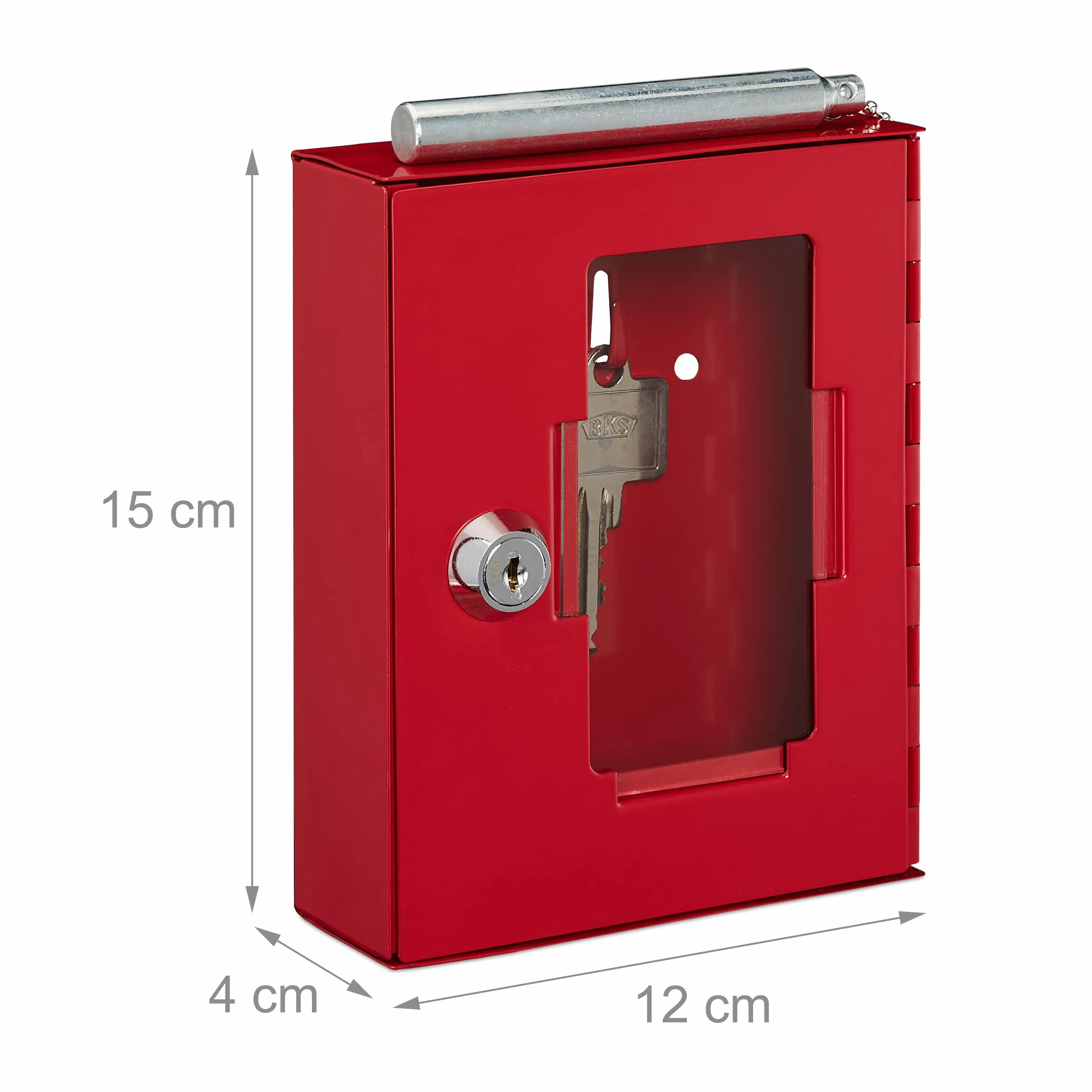 Relaxdays Pack 2 Cajas Llaves de Emergencia Ventana de Cristal Martillo Metal Rojo