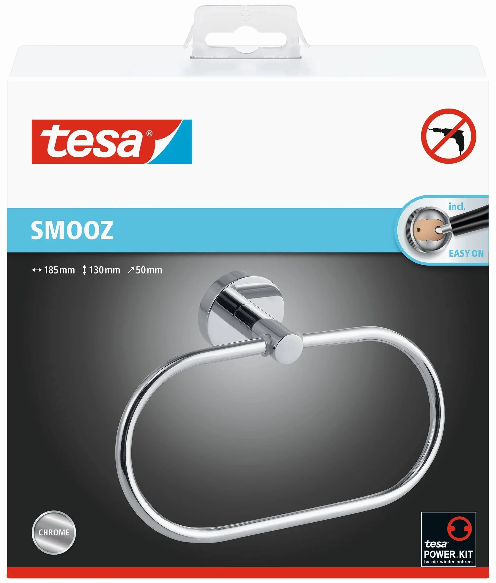 tesa Anilla de Toalla de Manos Smooz, Toallero Ovalado de Metal Cromado Inoxidable, Resistente al Agua, Incluye Adhesivo