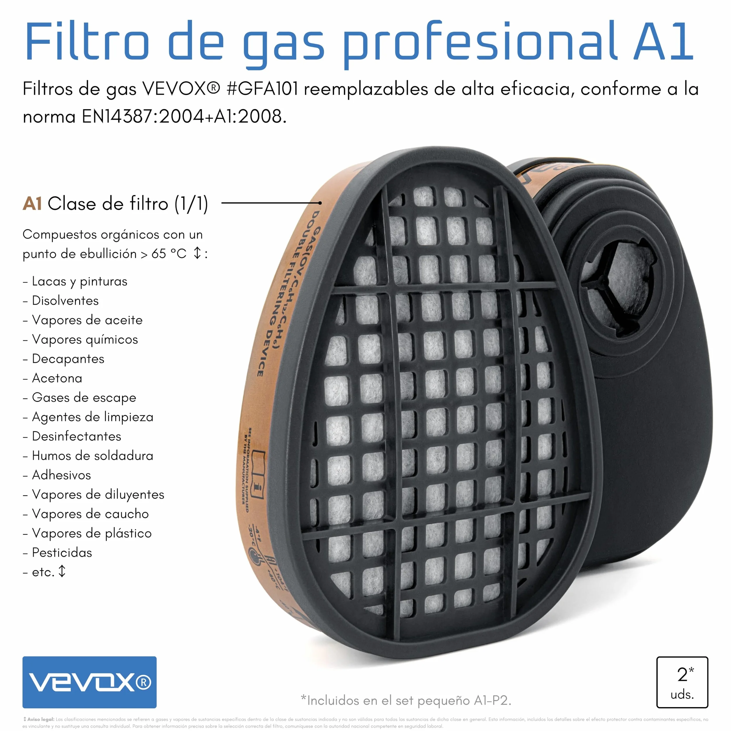 VEVOX® Máscara respiratoria con filtro A1P2 – Protección contra gases, vapores y partículas finas de polvo – Ideale para pintura, lijado y obra – Con 6 filtros P2 antipartículas y 2 A1 antigás