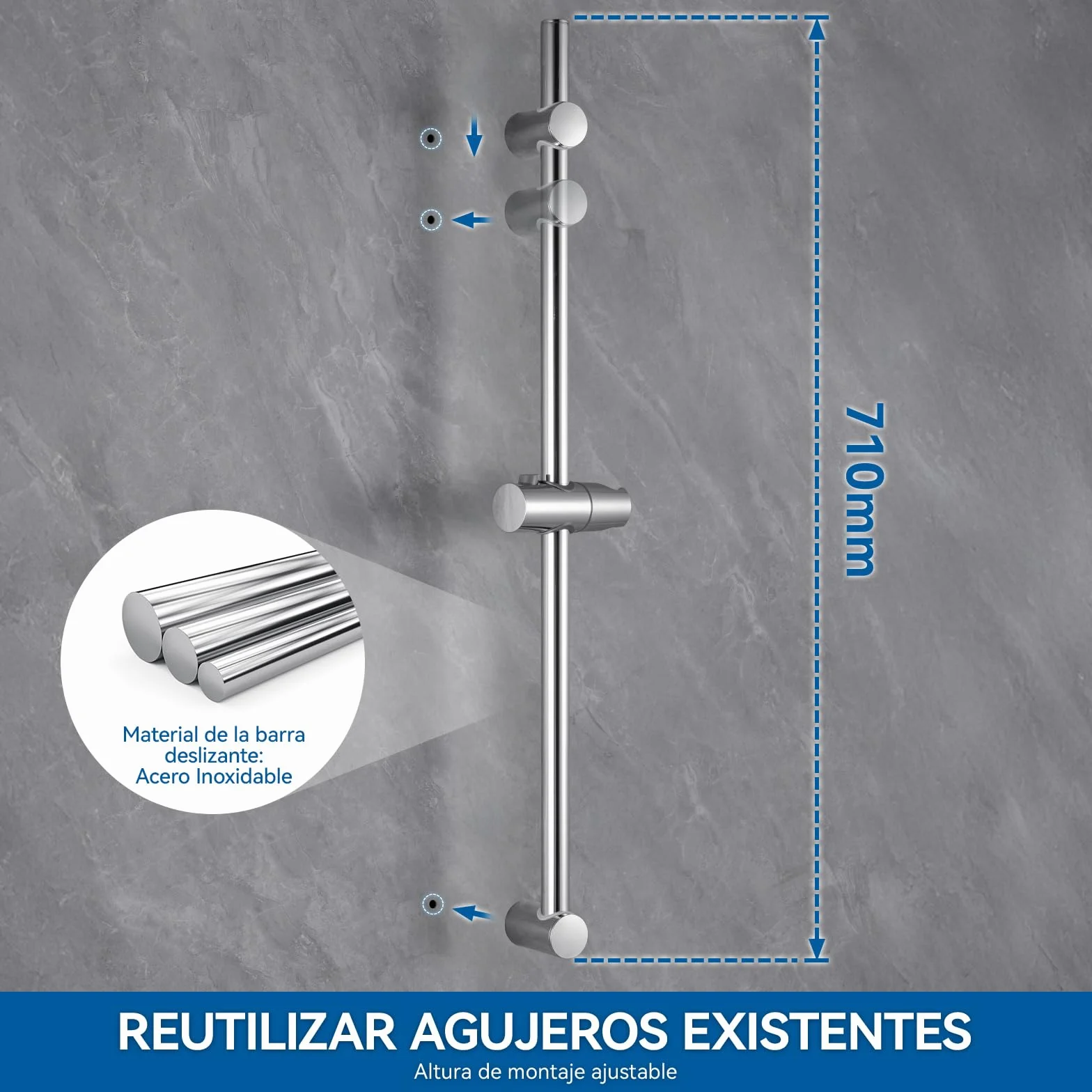 Auralum Barra de Ducha de Acero Inoxidable 70 cm con Alcachofa de Ducha 5 Funciones, Soporte Ajustable y Manguera Inoxidable 150 cm, Compatible con Orificios Existentes, Cromo