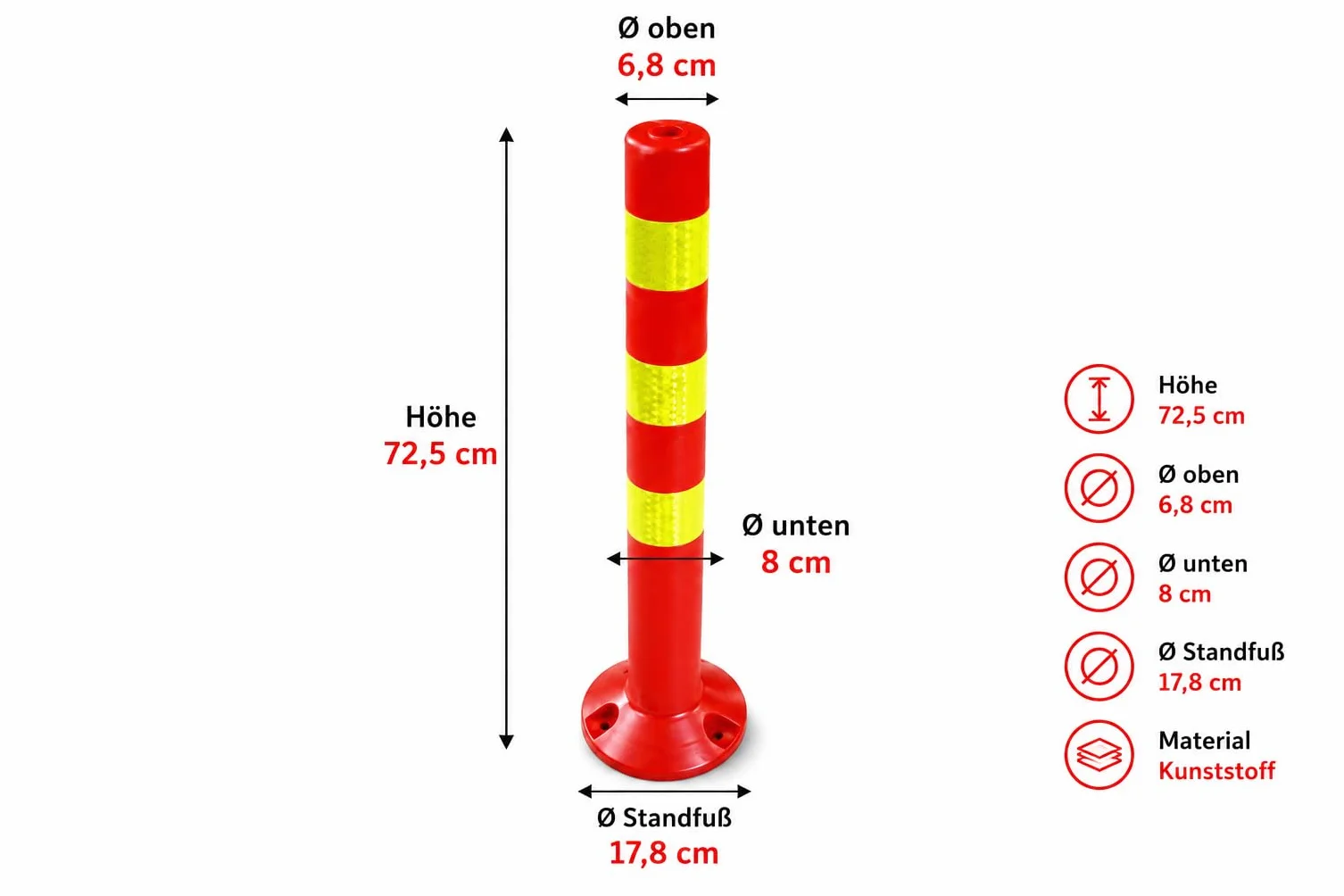 Juego de 3 postes de barrera de plástico – 72,5 cm reflectantes | Barrera para industria, almacenes, aparcamiento con pie [fijación con tornillos] Soporte de barrera – Park Poste guía bolardos