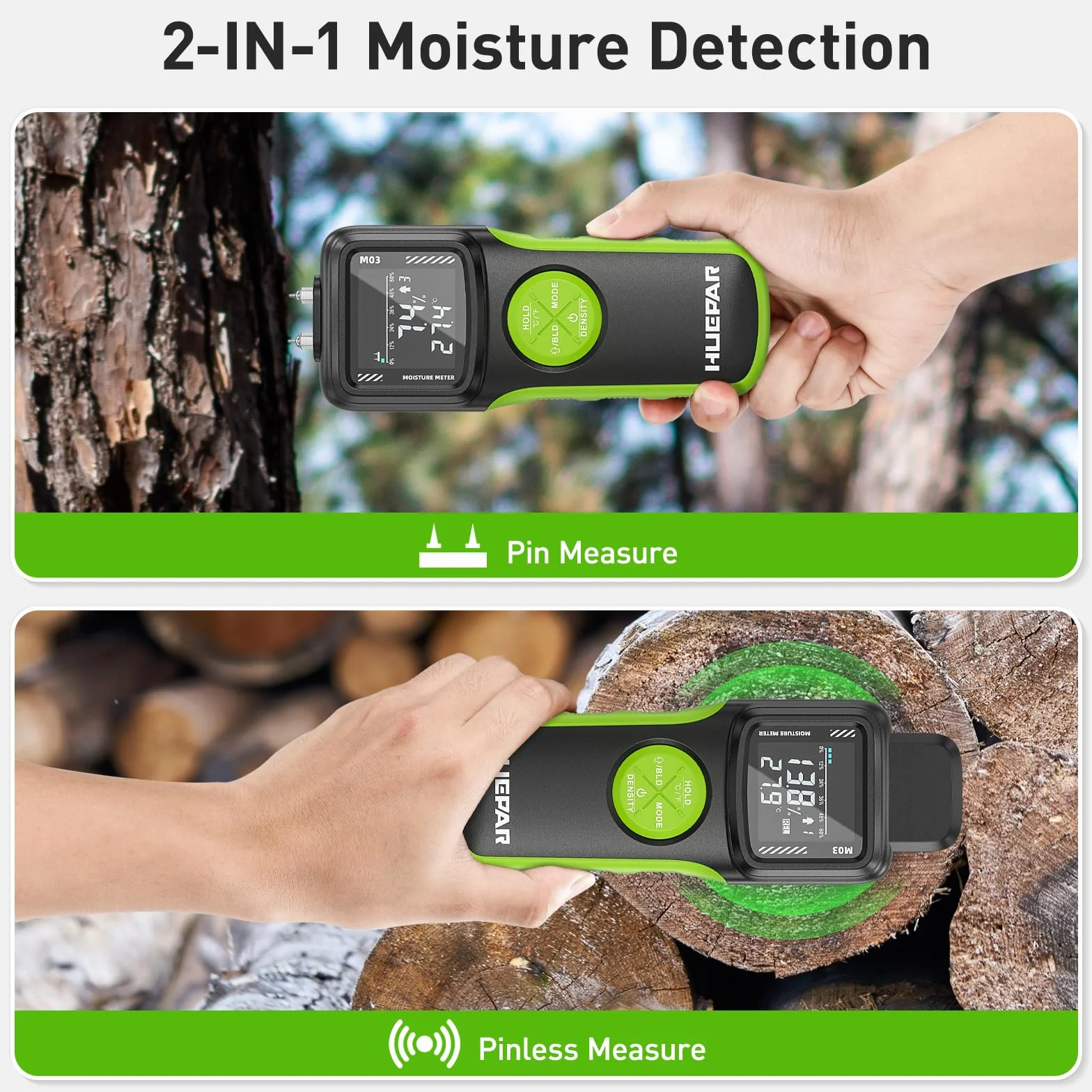 Huepar Medidor de Humedad de Madera con Pin/Sin Pin, Detector de Fugas de Agua con 2 Modos de Medición para Madera y Construcción -Pantalla LCD Retroiluminada, Contenido de Humedad Alto-Medio-Bajo M03