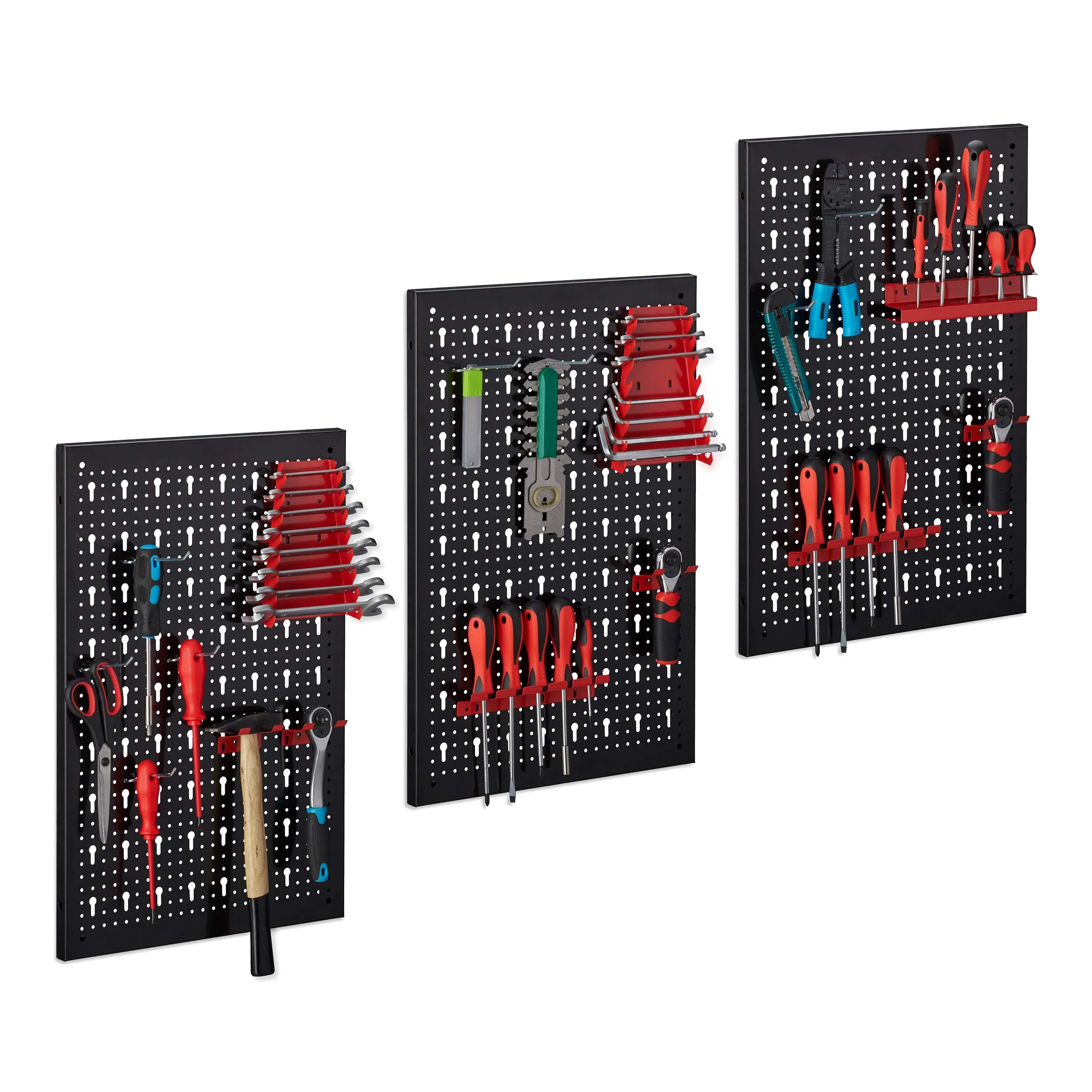 Relaxdays 3 Paneles Perforados Herramientas, Tableros Pared Taller 17 piezas, 60 x 39 cm, Portaherramientas, Negro/Rojo