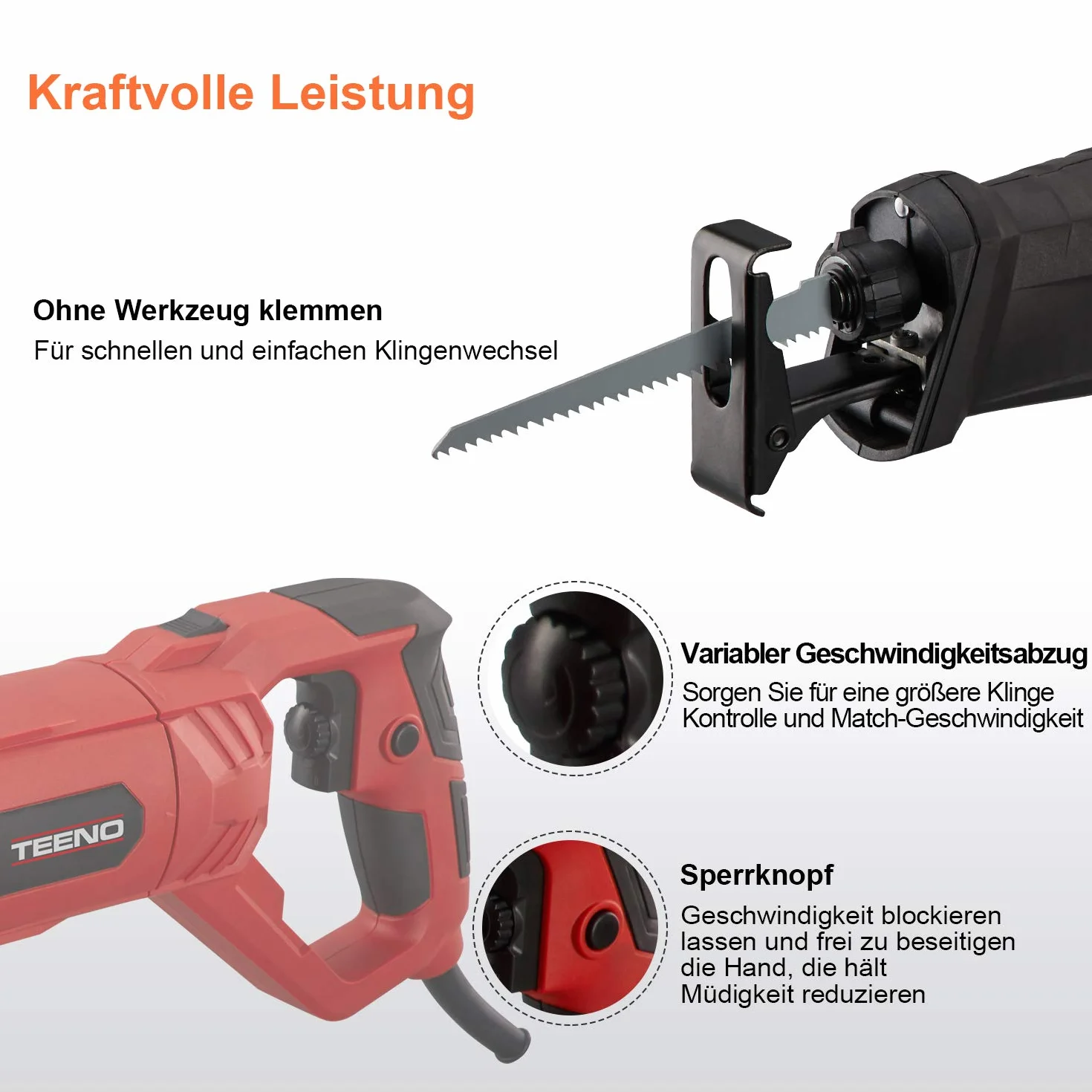 TEENO Sierra sable 850W con cable, Manija Giratoria (Izquierda y Derecha 90º), Gatillo de Velocidad Variable 0~2800RPM, 2 Hojas de 150mm(Madera 6T HCS, Metal 14T BIM),LED