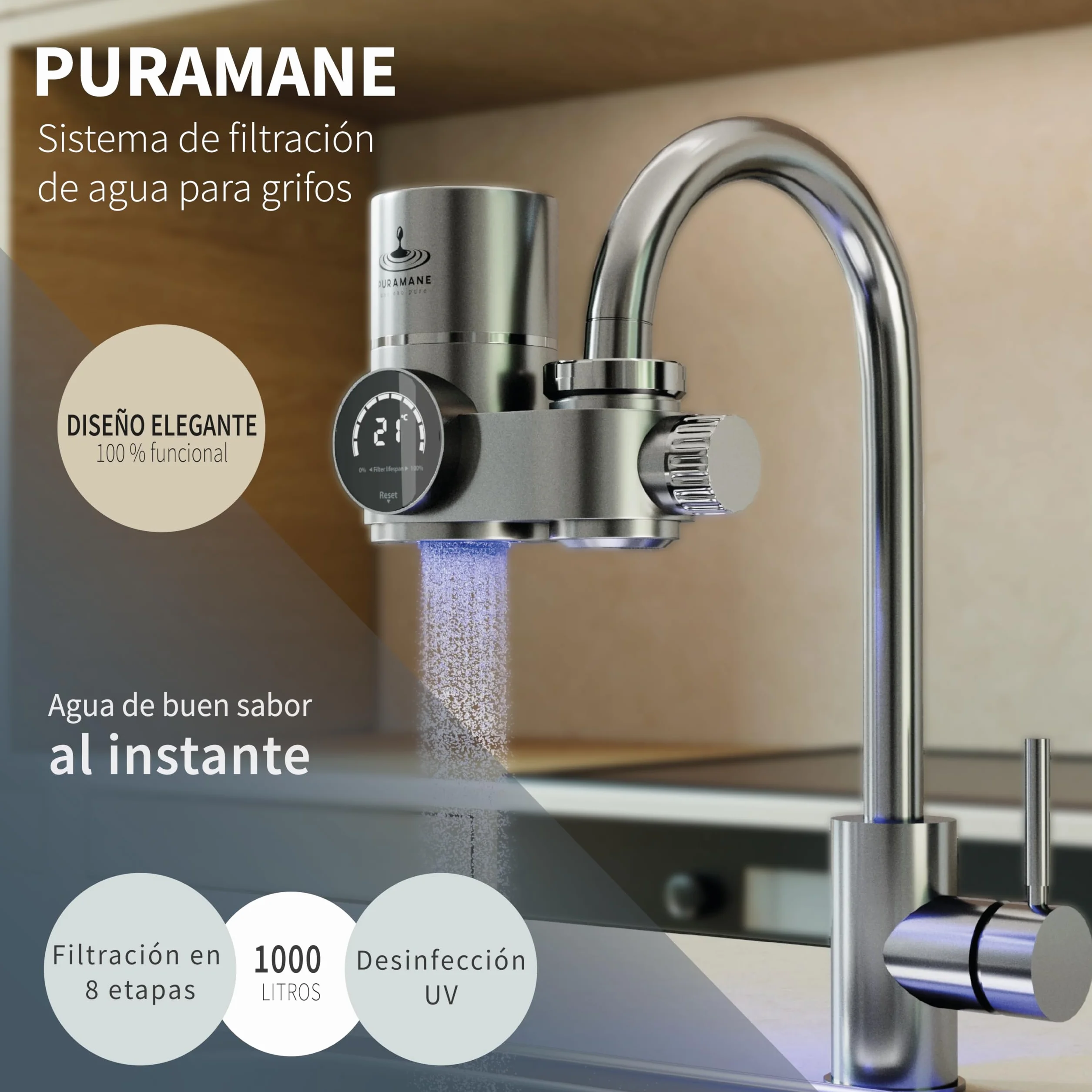 Filtro Agua Grifo con Pantalla Digital, Purificador de Agua Carbón Activado, Filtro UV, 1000 Litros