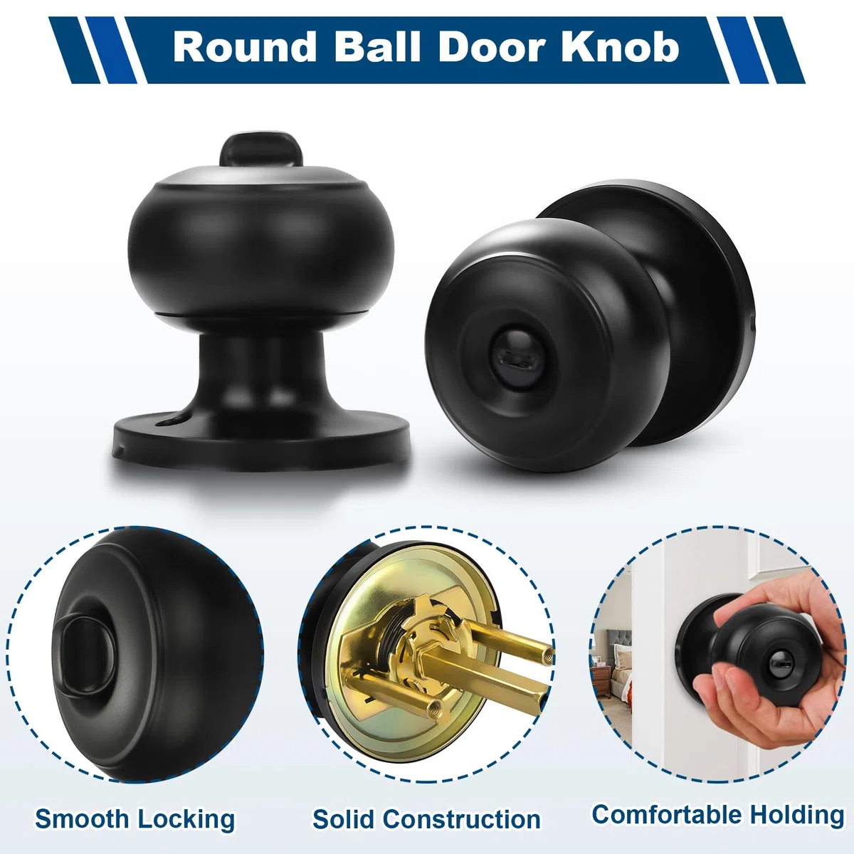 Estmoon Paquete de 6 pomos negros para puerta interior, para dormitorio, baño, privacidad, bola redonda