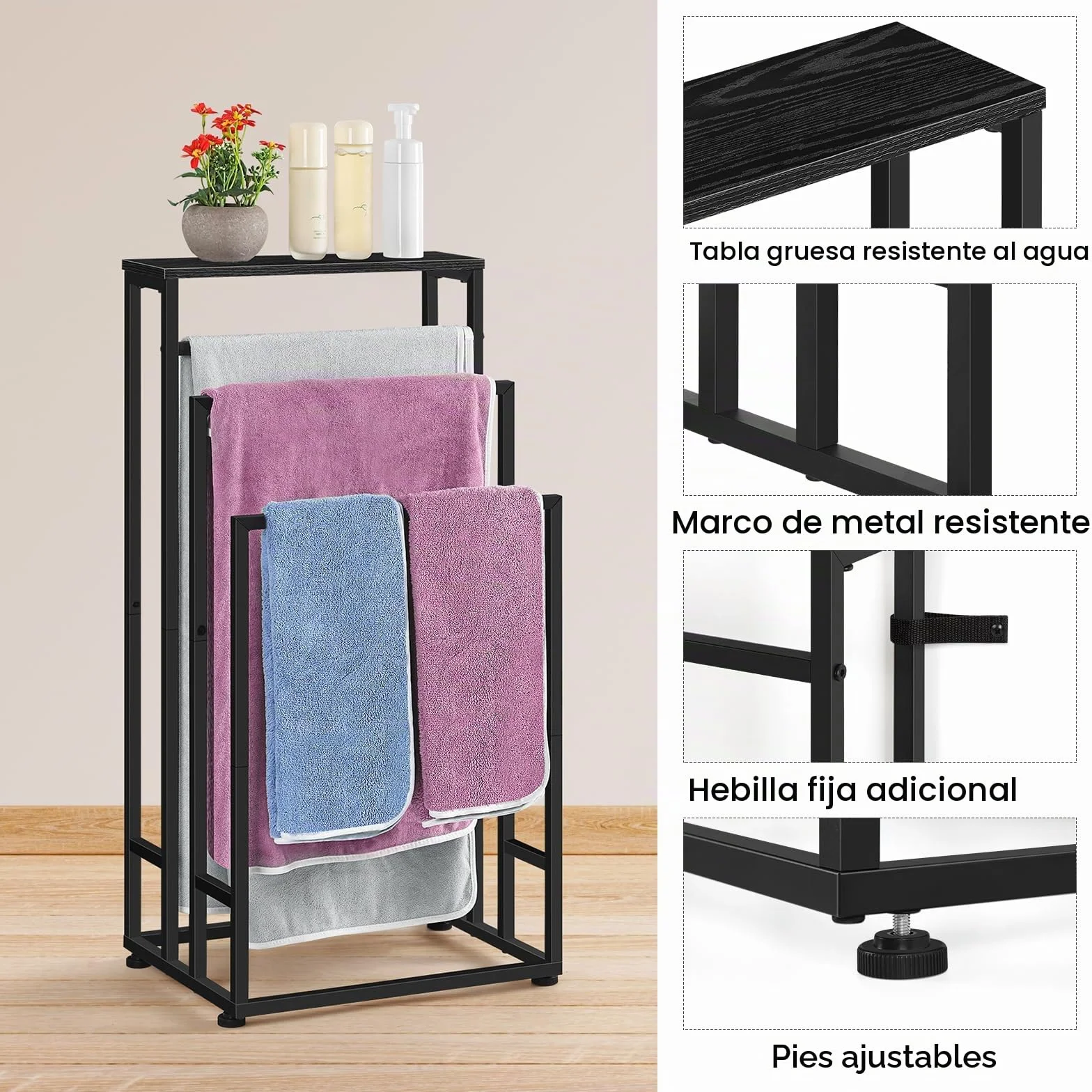 Toallero independiente de madera 3 niveles 40x30x82 cm para baño negro