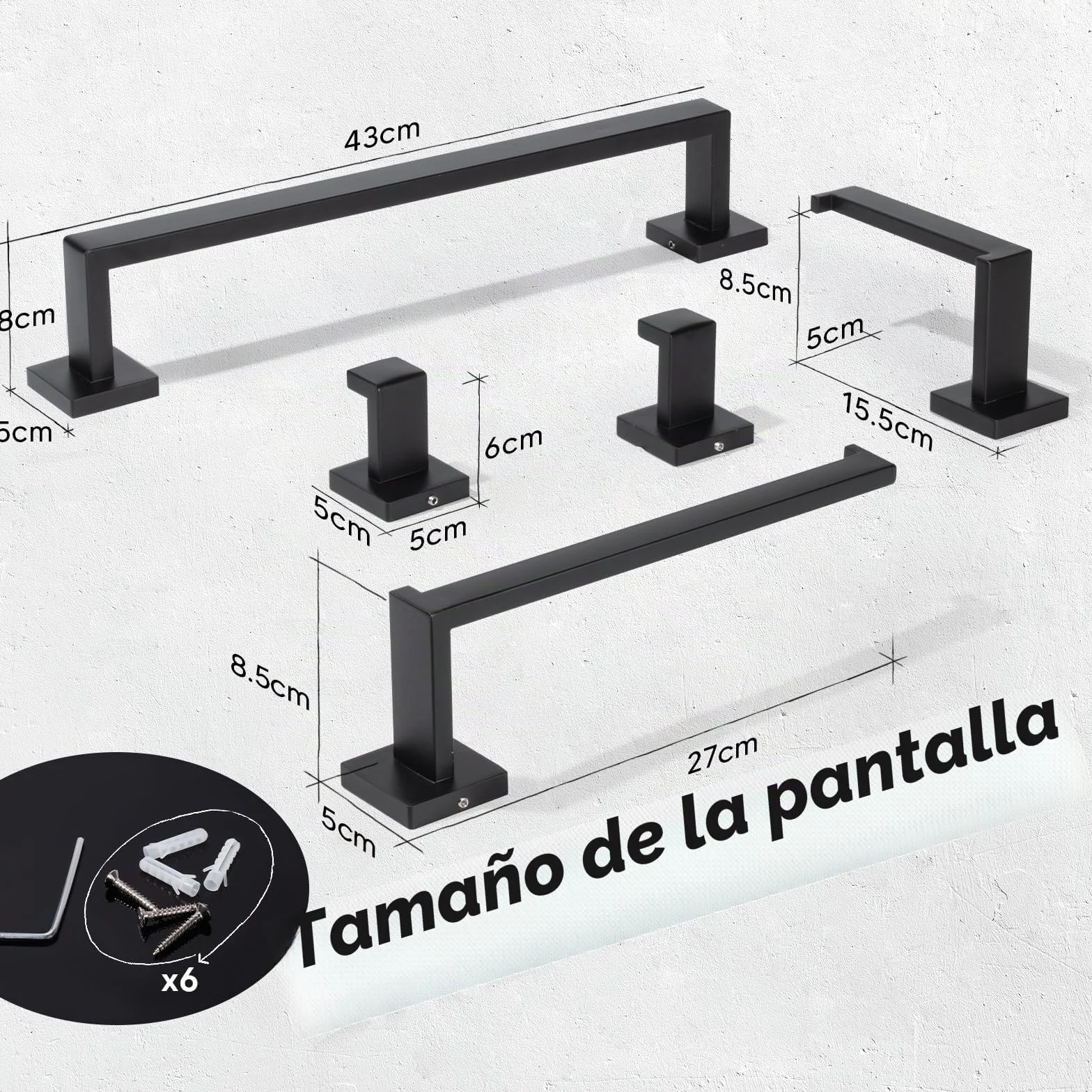 Set de Toallero de Acero Inoxidable 5 Piezas 43CM Porta Papel de Baño 2 Ganchos Colgante de Pared Negro