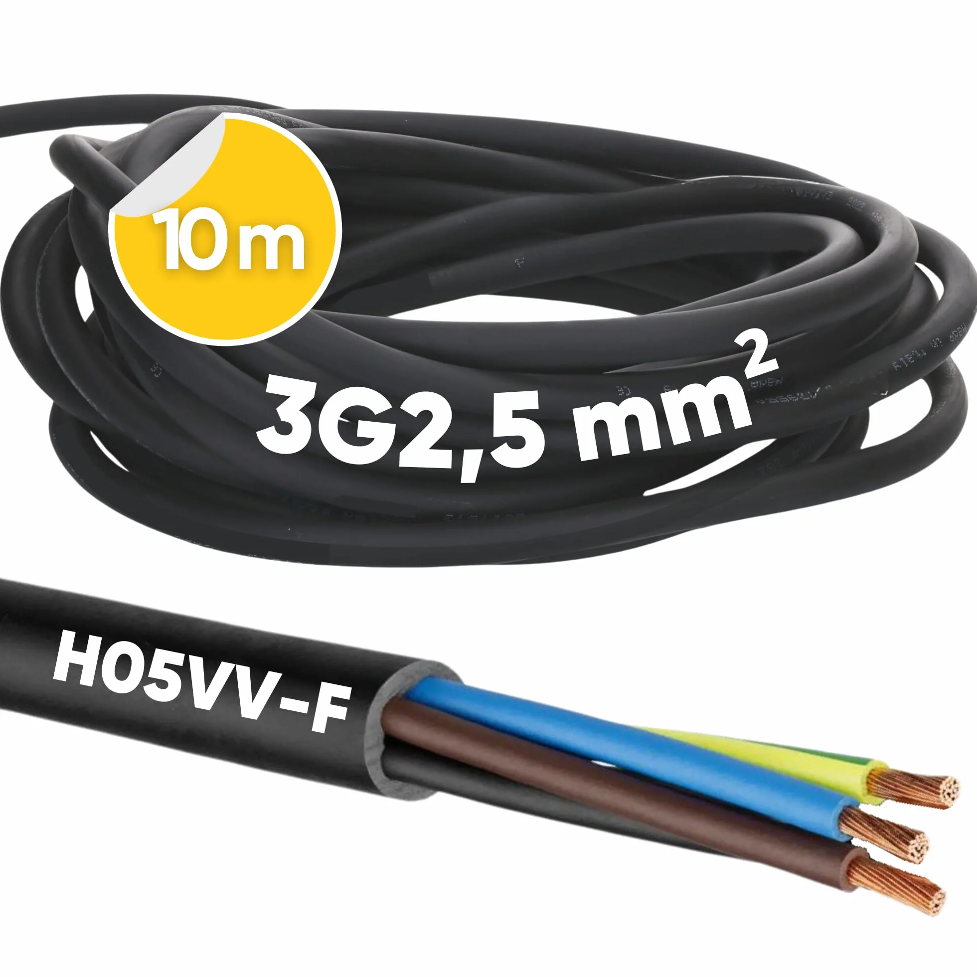 Kalitec H05VV-F - Manguera de 10 m, 3 x 2,5 mm², Cable de Alimentación 3 G2,5 mm² Con Conductor de Protección, PVC Para Interiores, Eléctrico Negro, Lámpara