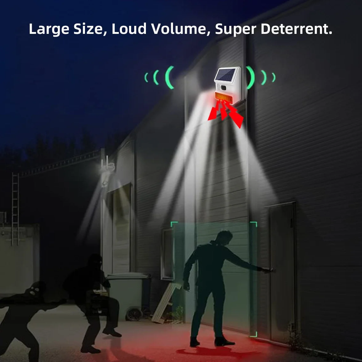 Sirena de Alarma, Sirena Solar para Exteriores con luz Intermitente LED de Sonido de 110db Compatible con Sistema de Alarma para el hogar, Granja, Granero, Villa, Patio, jardín (PE-520)