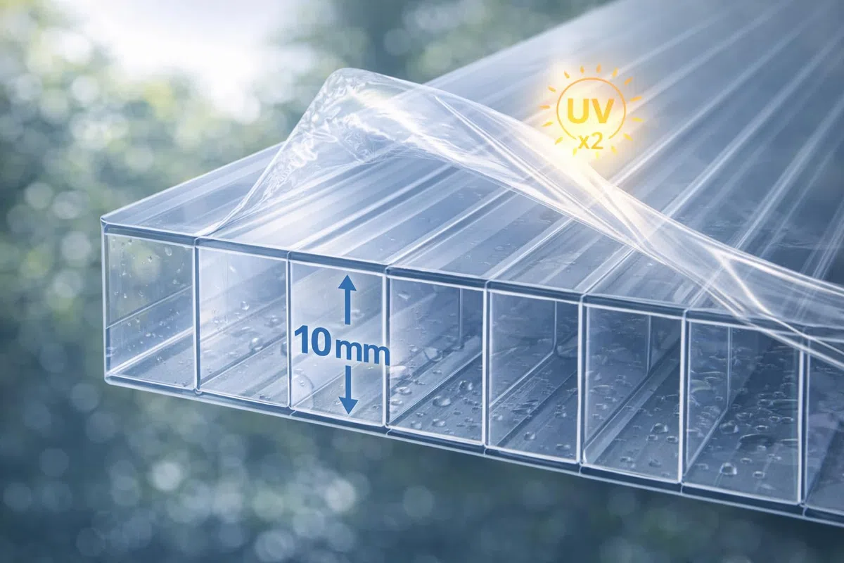 Placa Policarbonato Alveolar 10mm Transparente MACROLUX Protección UV Ambas Caras Triple Pared Stabilit Suisse Invernadero Pérgola Marquesina Diferentes Tamaños (50x105CM (HxL))