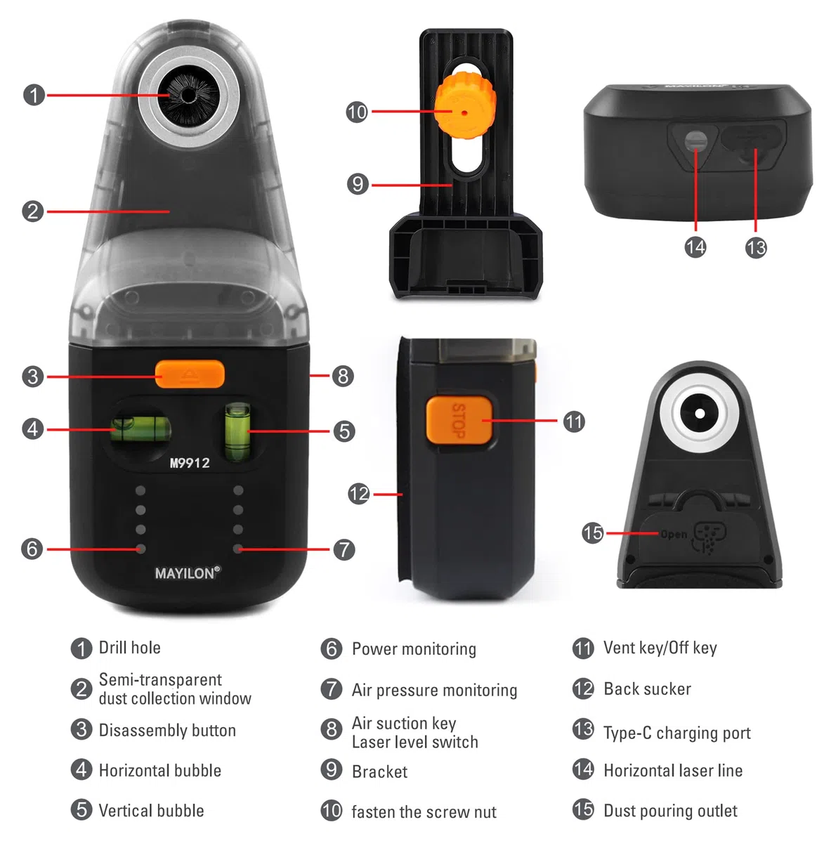 M9912 Colector de Polvo de Taladro Eléctrico con Nivel Láser, Boquilla de Polvo de Taladro, Taladro de Vacío de Succión de Pared para Taladrar Sin Polvo (Compatible con Taladros de Hasta 13mm)
