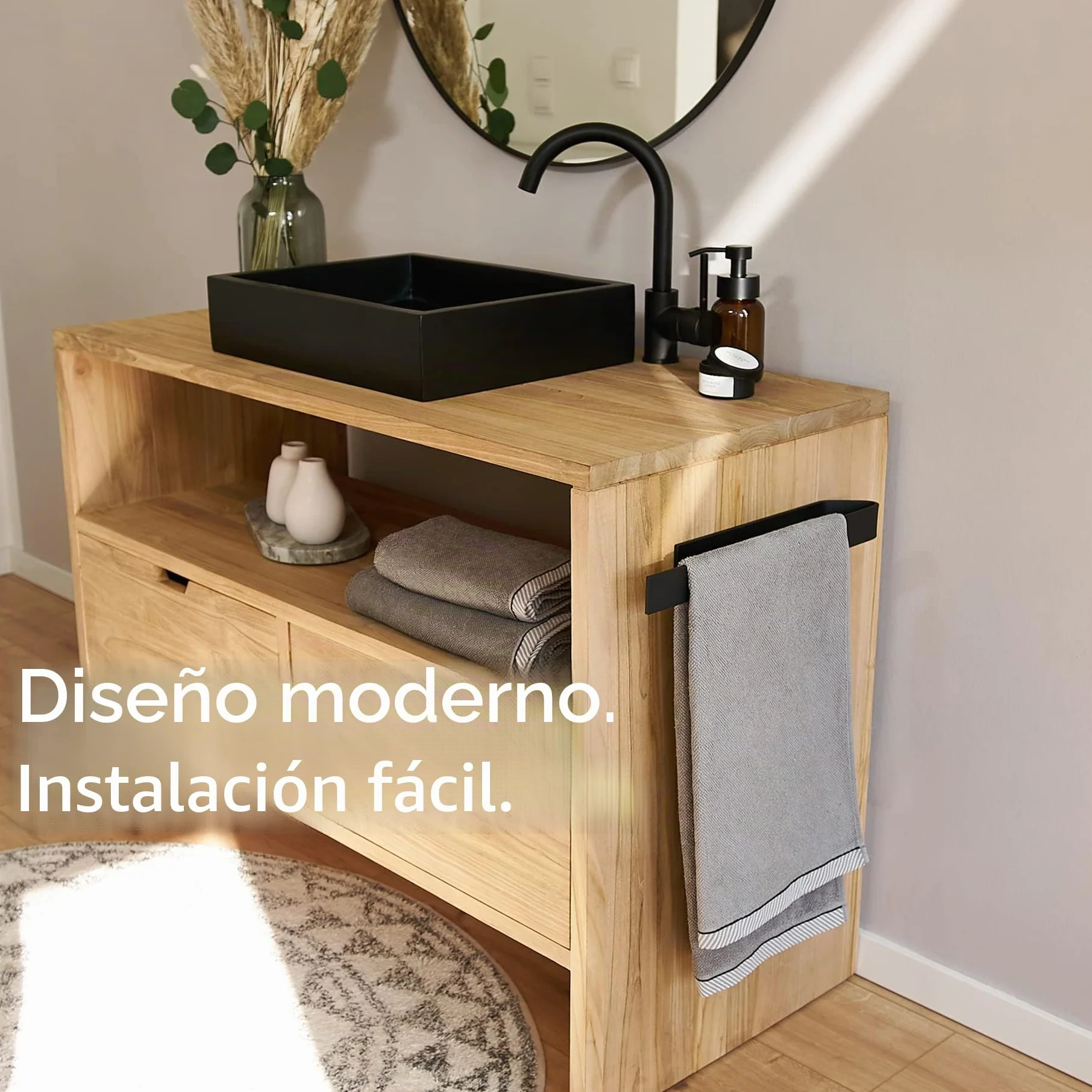 Toallero Adhesivo Baño 40 cm Negro Mate | Design Hamburgo Sin Taladro