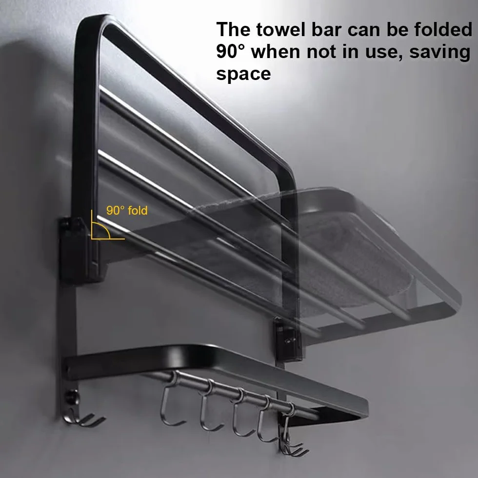 Toallero Montado Pared Plegable 2 Niveles con 5 Ganchos Sus 304 Acero Inoxidable Negro 23 Pulgadas