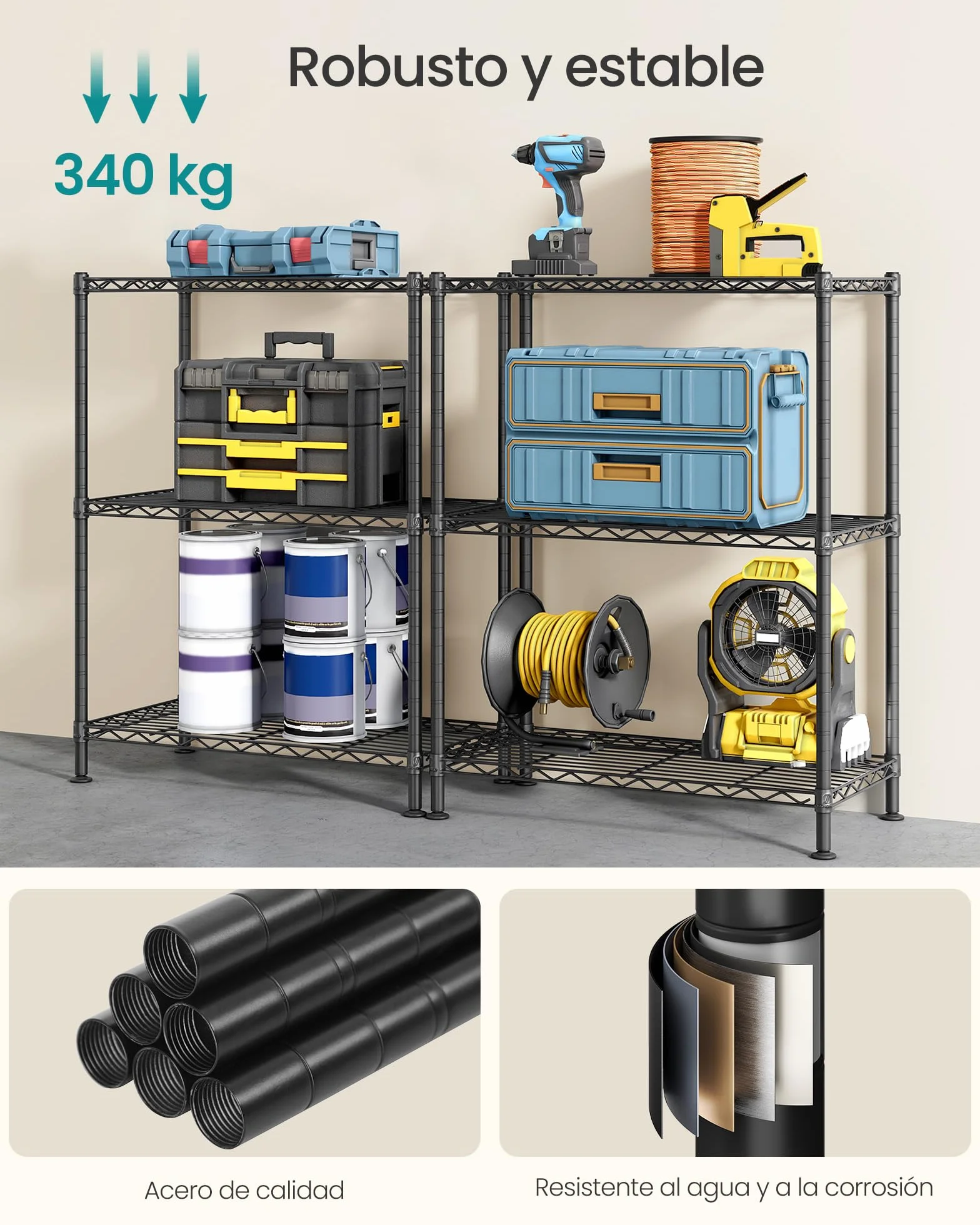 SONGMICS Estantería de Almacenamiento Metálica 3 Niveles 30 x 60 x 77 cm Negro