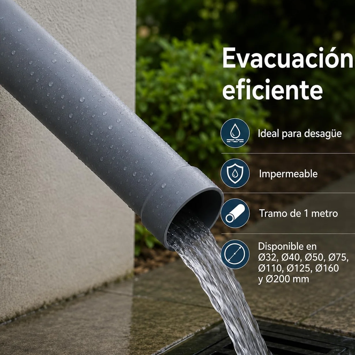 Tubo PVC Rígido 1 Metro – Desagüe, Fontanería y Evacuación de Aguas – Alta Resistencia, Impermeable y Fácil Instalación – Tramos Disponibles Ø75, Ø110, Ø125, Ø160 y Ø200 mm (Ø200 mm)