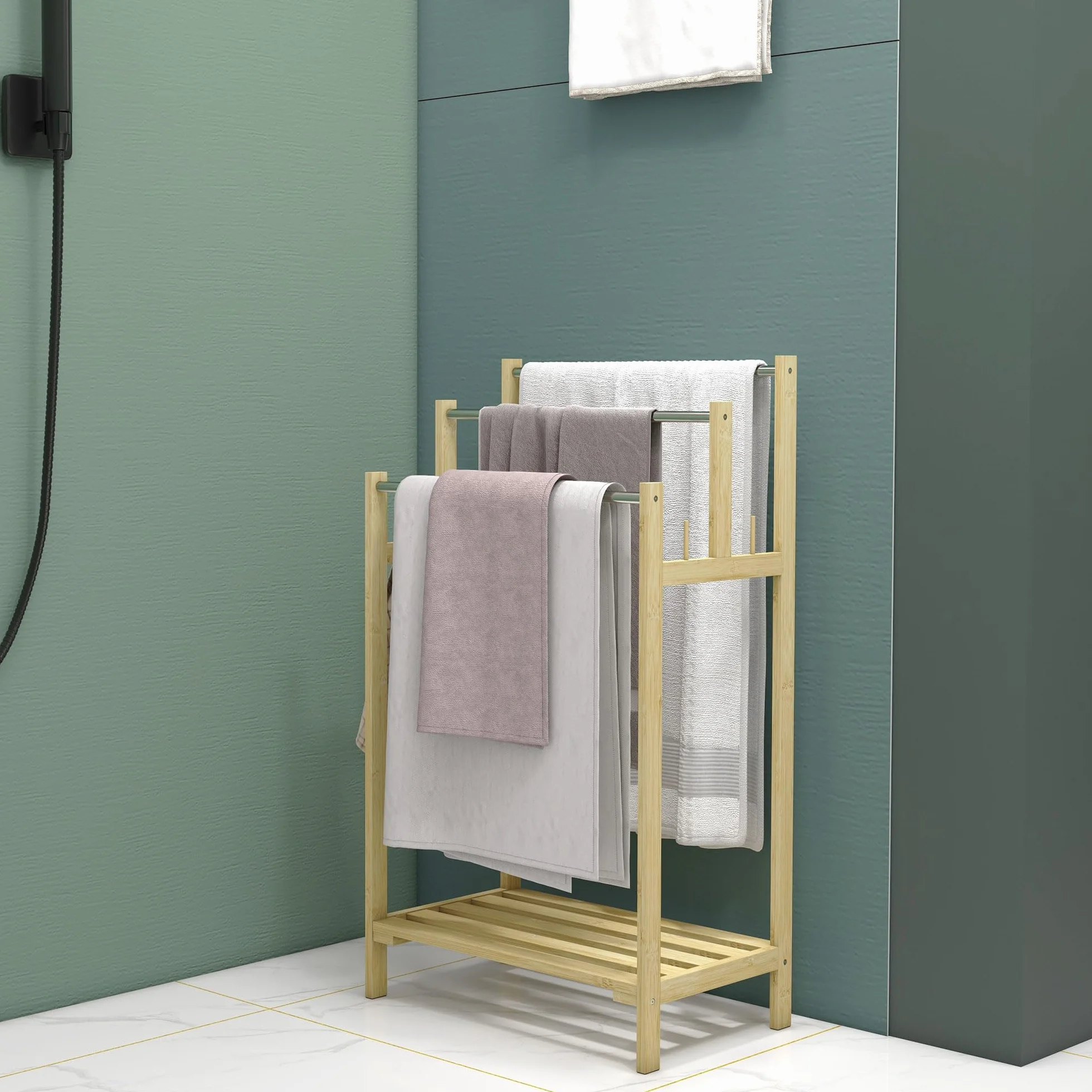 HOMCOM Toallero de Pie de Bambú, Escalera Baño 3 Barras Acero Inoxidable, 50.5x31x90 cm