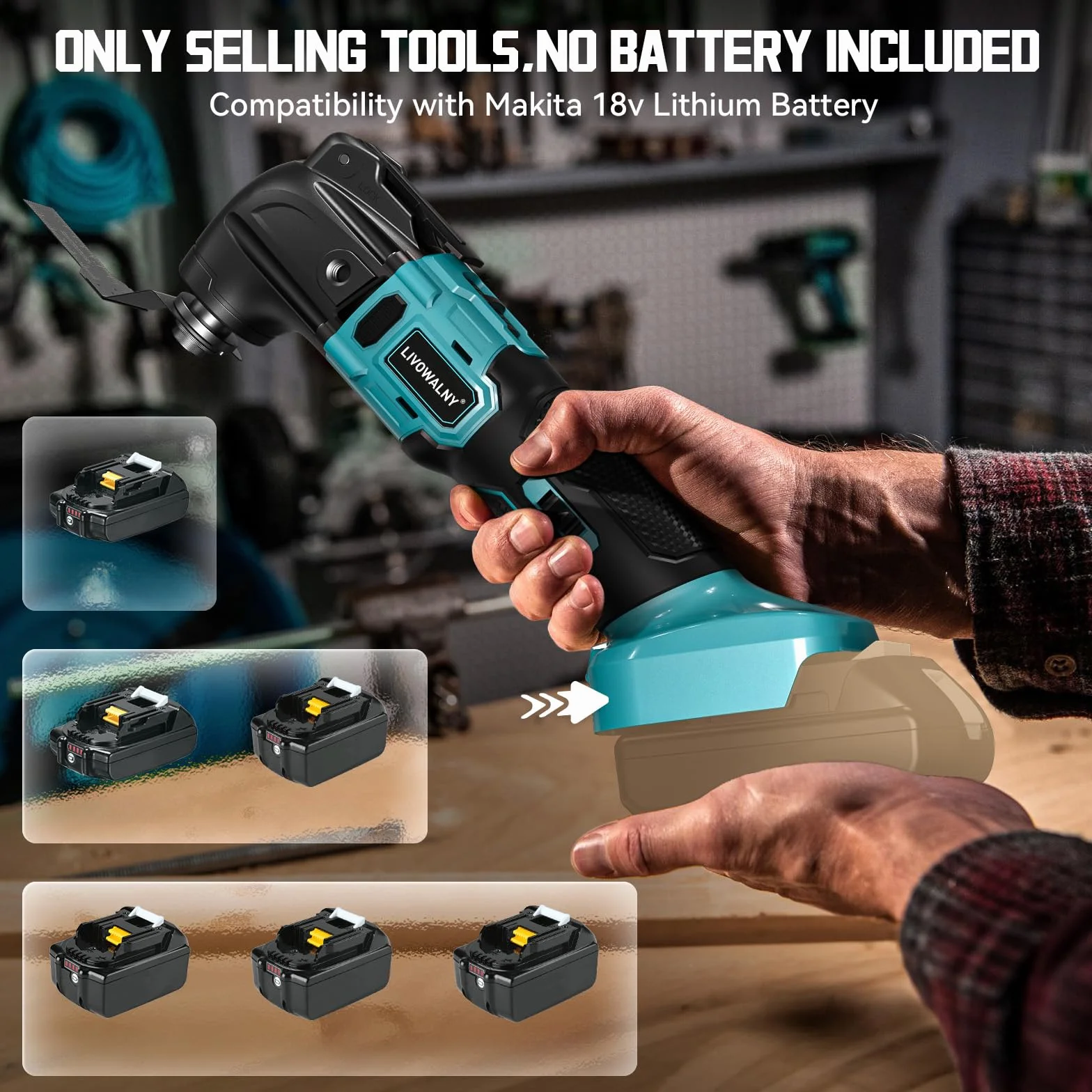 LIVOWALNY Multiherramienta Oscilante Compatible con Makita 18V, 6 Velocidades, Motor Sin Escobillas, Empuñadura Auxiliar, para Quitar, Raspar y Cortar, con 23 Accesorios, (Solo Herramientas)-Azul