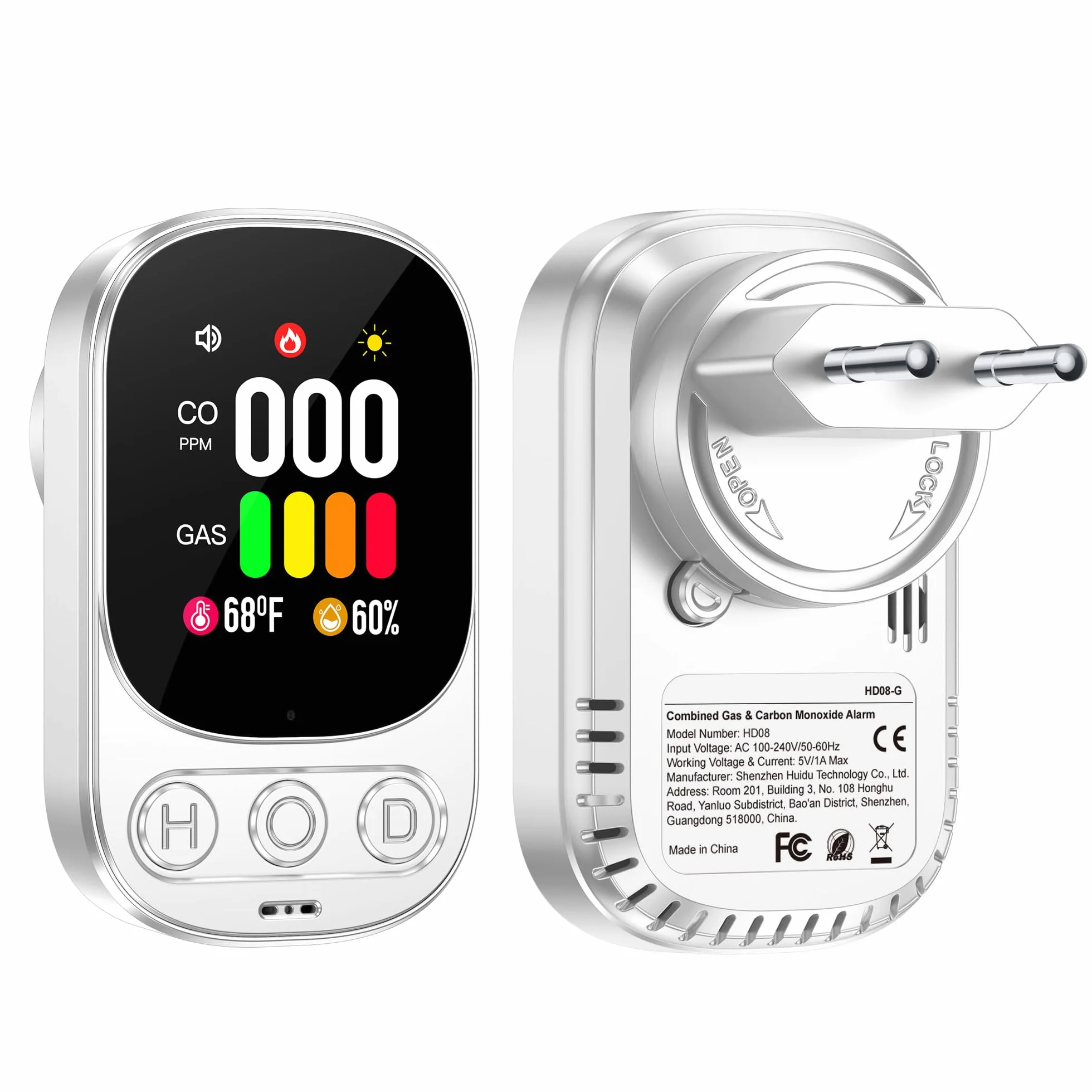 Detector de Gas y Monóxido de Carbono con Enchufe para Hogar, Detector de CO para Casa, Alarma de Gas Combustible para Gas Natural LPG Metano Propano Butano, Blanco, HD08-G