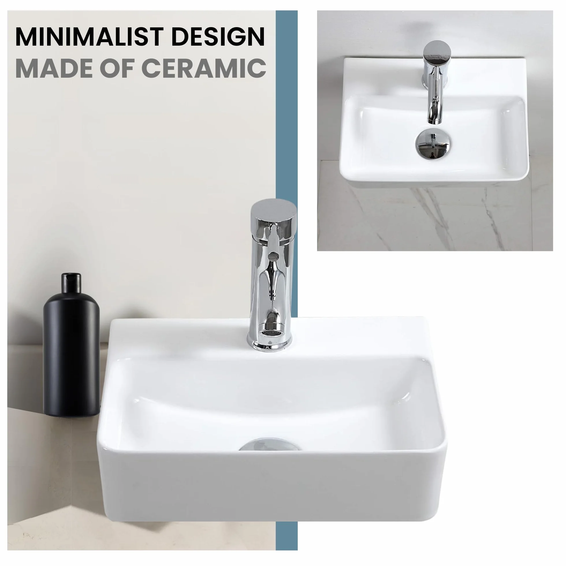 Lavabo de Cerámica, Lavamanos Blanco de Aseo Anti-manchas, Lavabo sobre encimera para Baño, Fácil de Limpiar y con Conexiones Estándar. Ideal para Cocina o Baño. (36,5x25,5x10,5 CM)