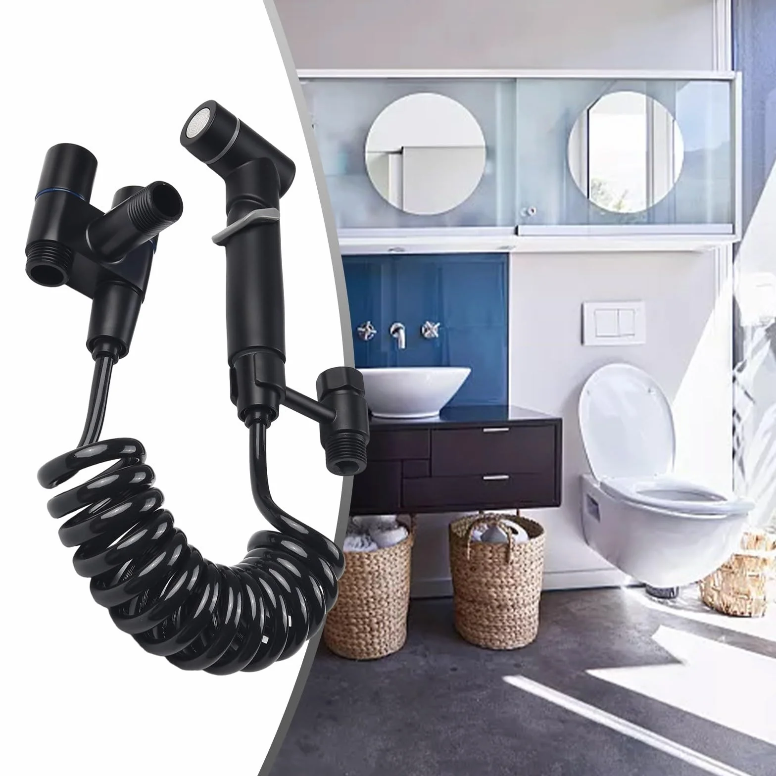 Válvula de control dual de 1 en 2 salidas, grifo de lavadora de doble control de salidas, válvula triangular de inodoro, grifo de baño de doble mango (negro elegante)