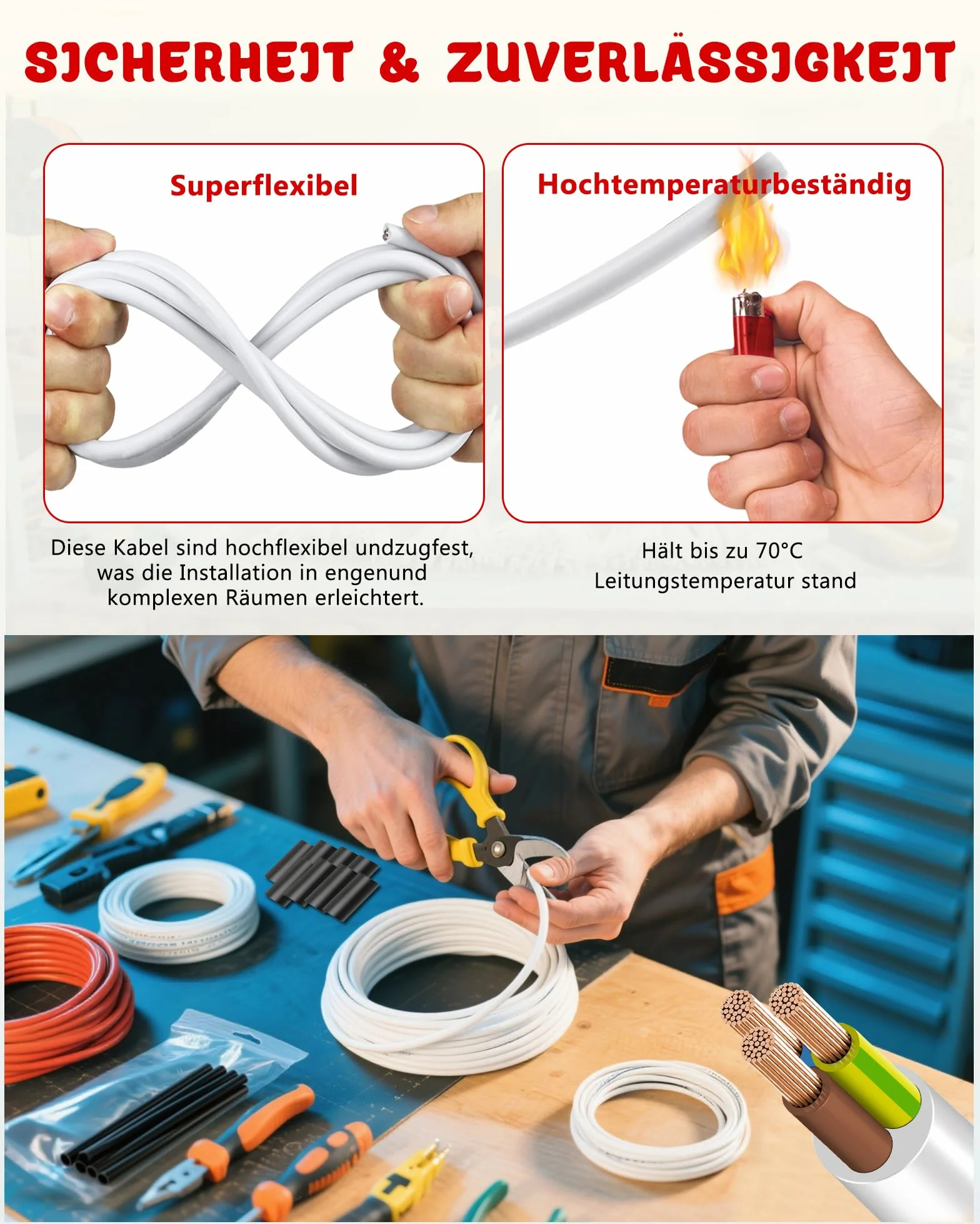 Cable H05VV-F 3x0,75mm² Blanco 20m Conductor Cobre Multifilar PVC Flexible 10A 2200W