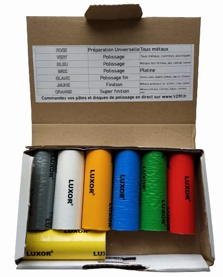 KD89 - Juego de 7 pastas para pulir sólidas Luxor para todos los metales ferrosos, no ferrosos, metales preciosos, lacas de resinas y plásticos – Ø30 x 80 mm