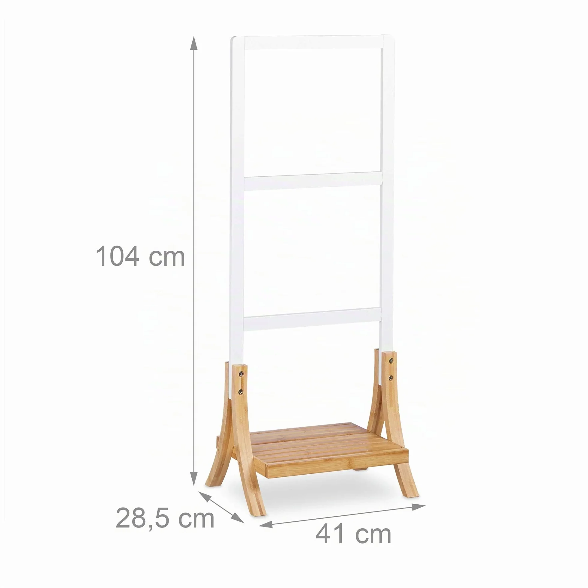 Relaxdays Toallero de Pie con 3 Barras y Repisa, DM y Bambú, Blanco y Marrón, 104 x 41 x 28,5 cm