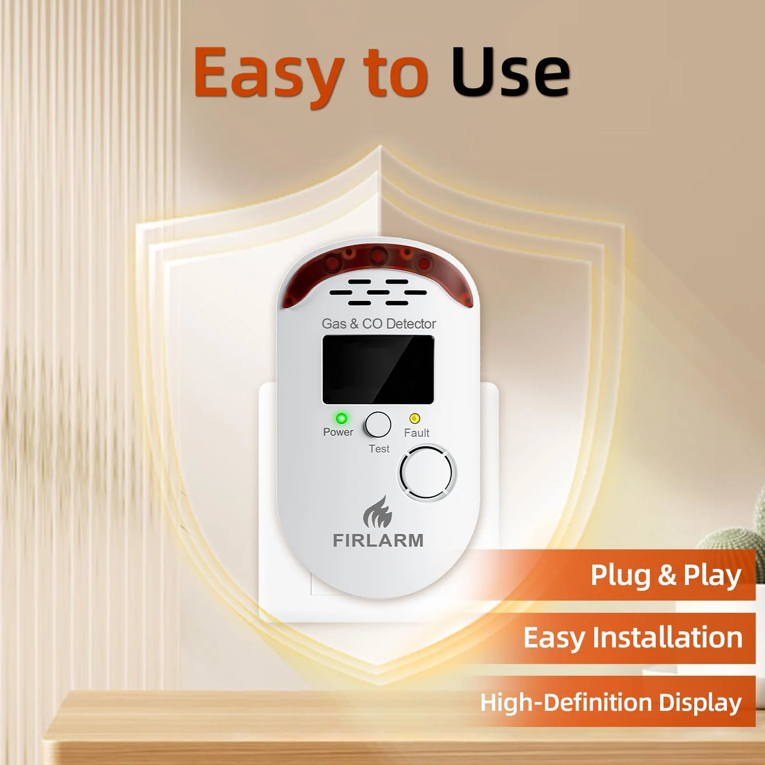 Firlarm Detector de Gas y Monóxido de Carbono con Enchufe y Pantalla LED para Hogar, Cocina, Garaje, Oficina