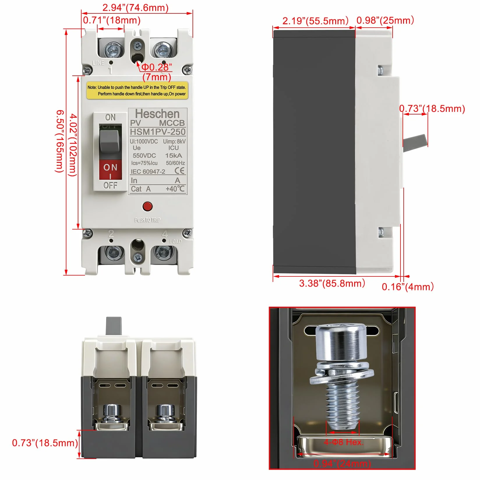 Heschen Disyuntor de caja moldeada CC MCCB, 2P, DC550V, Disyuntor Fotovoltaico, para sistema solar fotovoltaico, Sistema de rejilla de paneles solares (250A, HSM1PV-250)