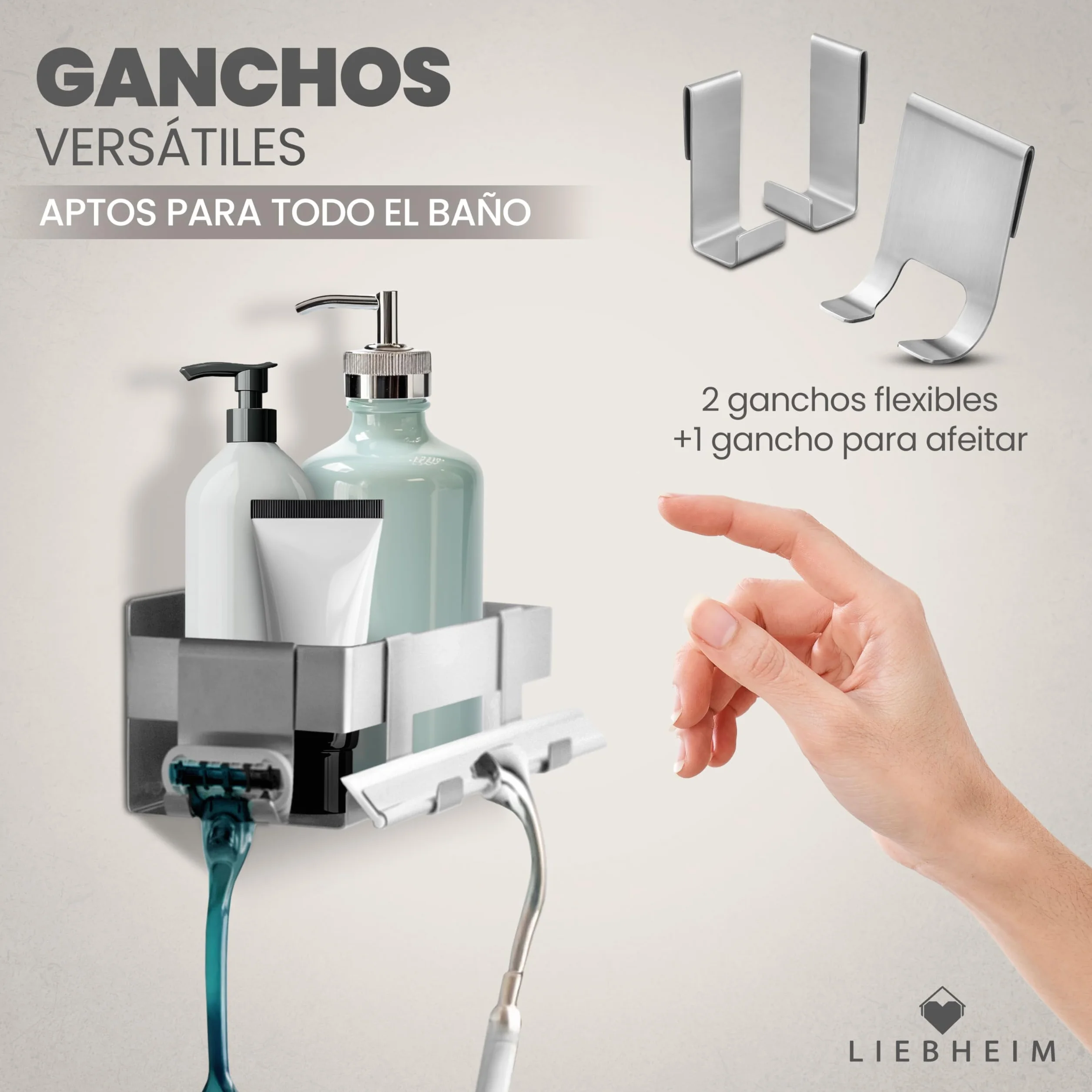 LIEBHEIM Estante de Ducha Cesta de Ducha Estante de baño sin taladrar - fijación Super Fuerte Gracias a la Cinta Adhesiva de Montaje - Acero Inoxidable S304 - Macizo (Acero Inoxidable Cepillado)