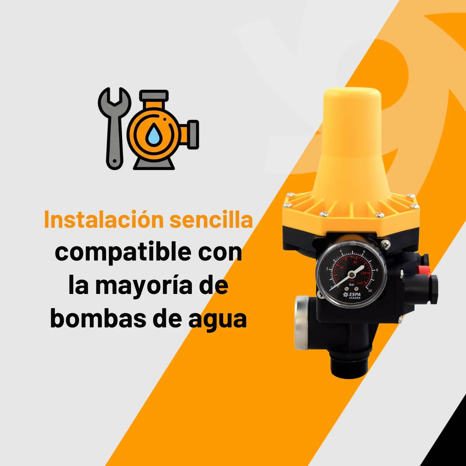 ESPA LEADER Presscontrol Kit L, Regulador de Presión Electrónico para Bombas de Agua de Uso Doméstico, Pulsador de Rearme Automático, Válvula de Retención, Protección de Funcionamiento en Seco
