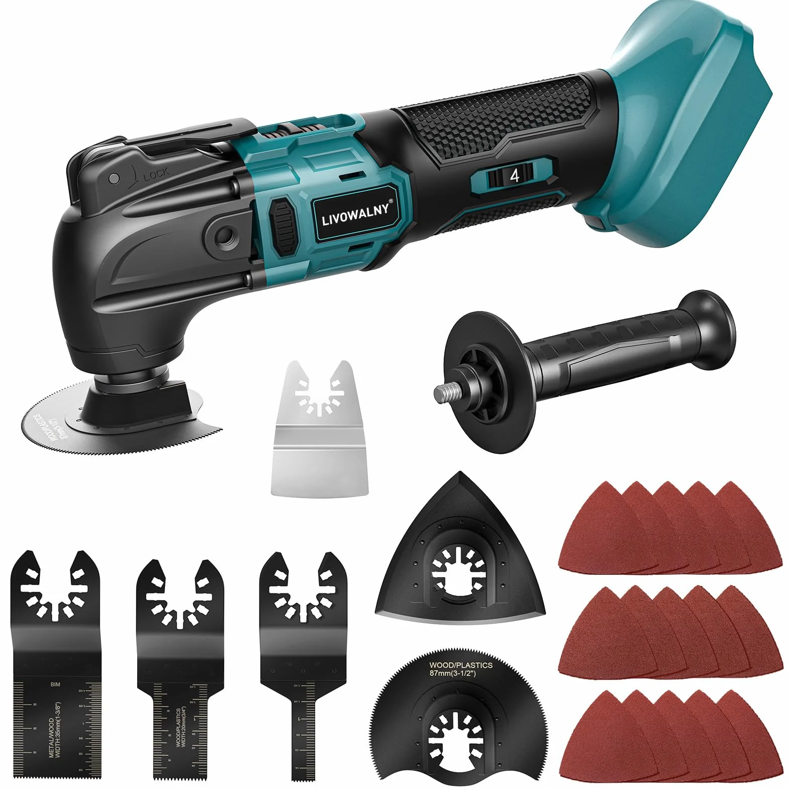 LIVOWALNY Multiherramienta Oscilante Compatible con Makita 18V, 6 Velocidades, Motor Sin Escobillas, Empuñadura Auxiliar, para Quitar, Raspar y Cortar, con 23 Accesorios, (Solo Herramientas)-Azul