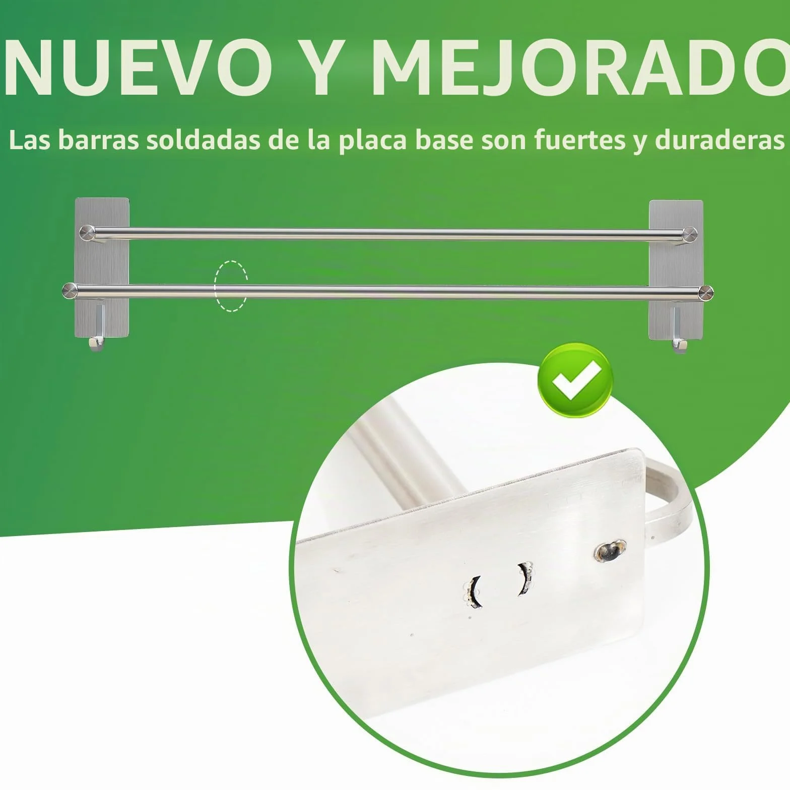 Toallero Sin Taladro Autoadhesivo Acero Inoxidable Cepillado 60 cm Doble Barra 2 Ganchos JS