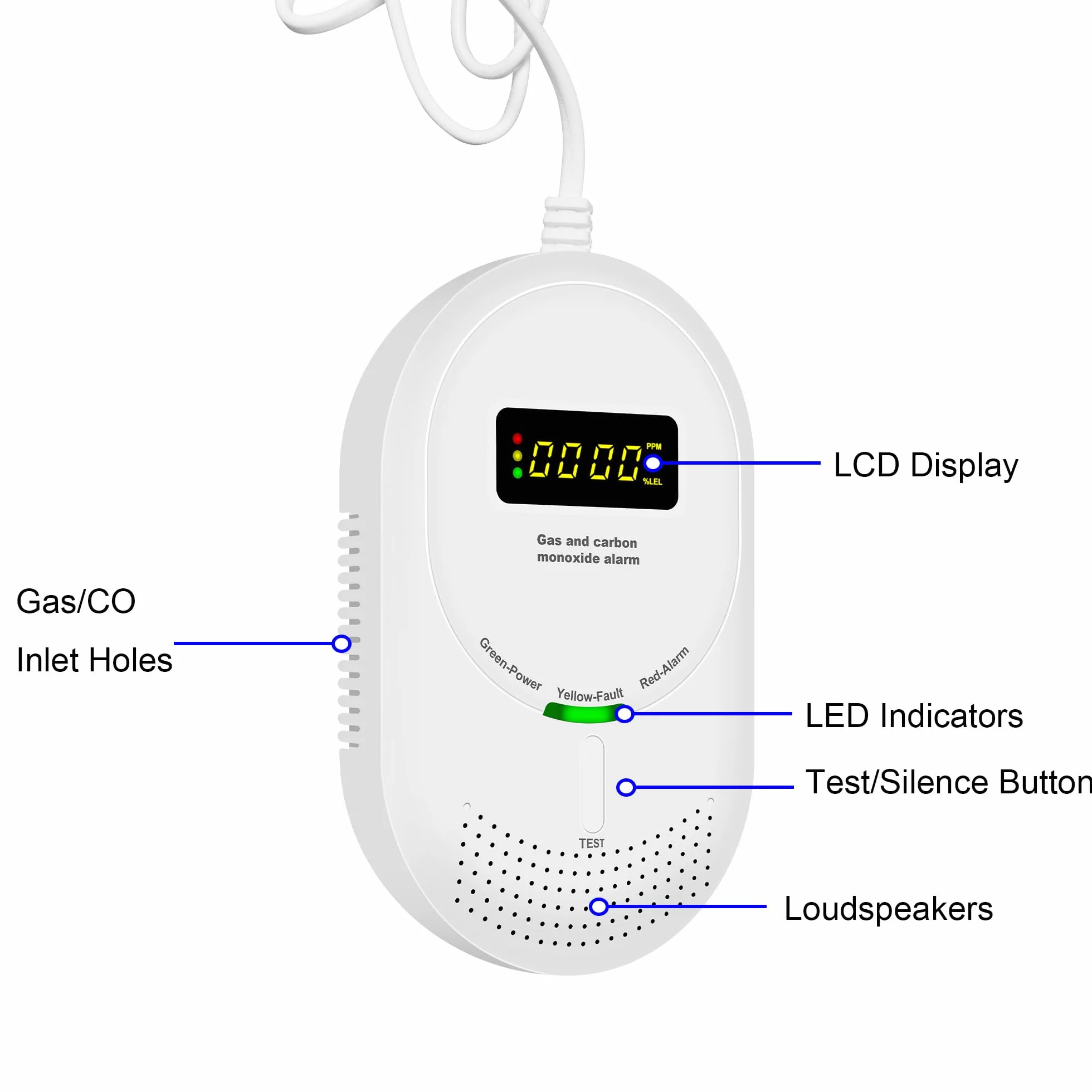 2-en-1 Detector de Gas y Monóxido de Carbono con Pantalla LCD, Certificado EN 50291 y EN 50194, Detector de Gas Combustible (Metano/Gas Natural y GLP) y CO, Pack de 1