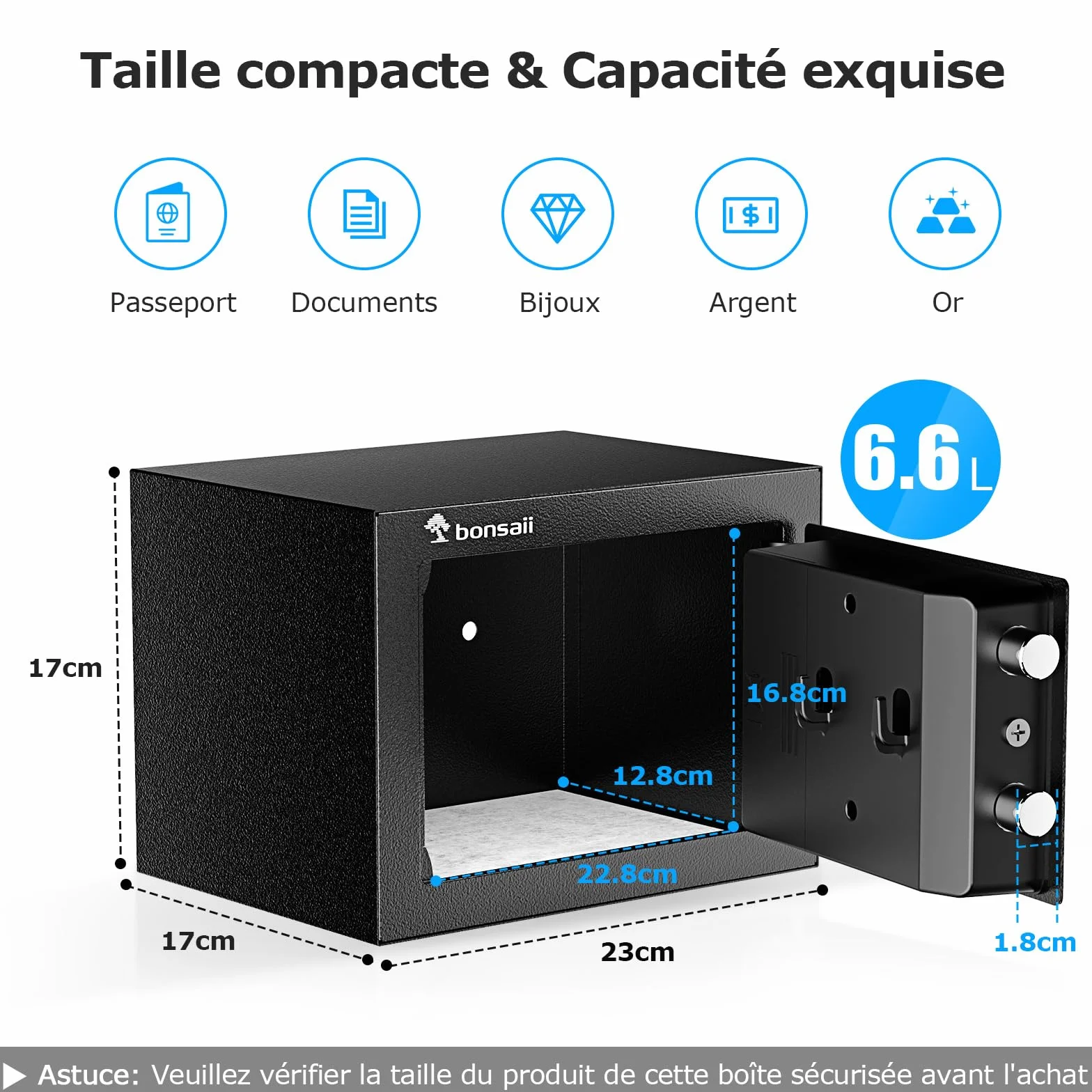 Bonsaii Caja Fuerte Mini 6.6L Pantalla LED Teclado Electrónico Llave Acero USB Respaldo Oficina Hogar Hotel